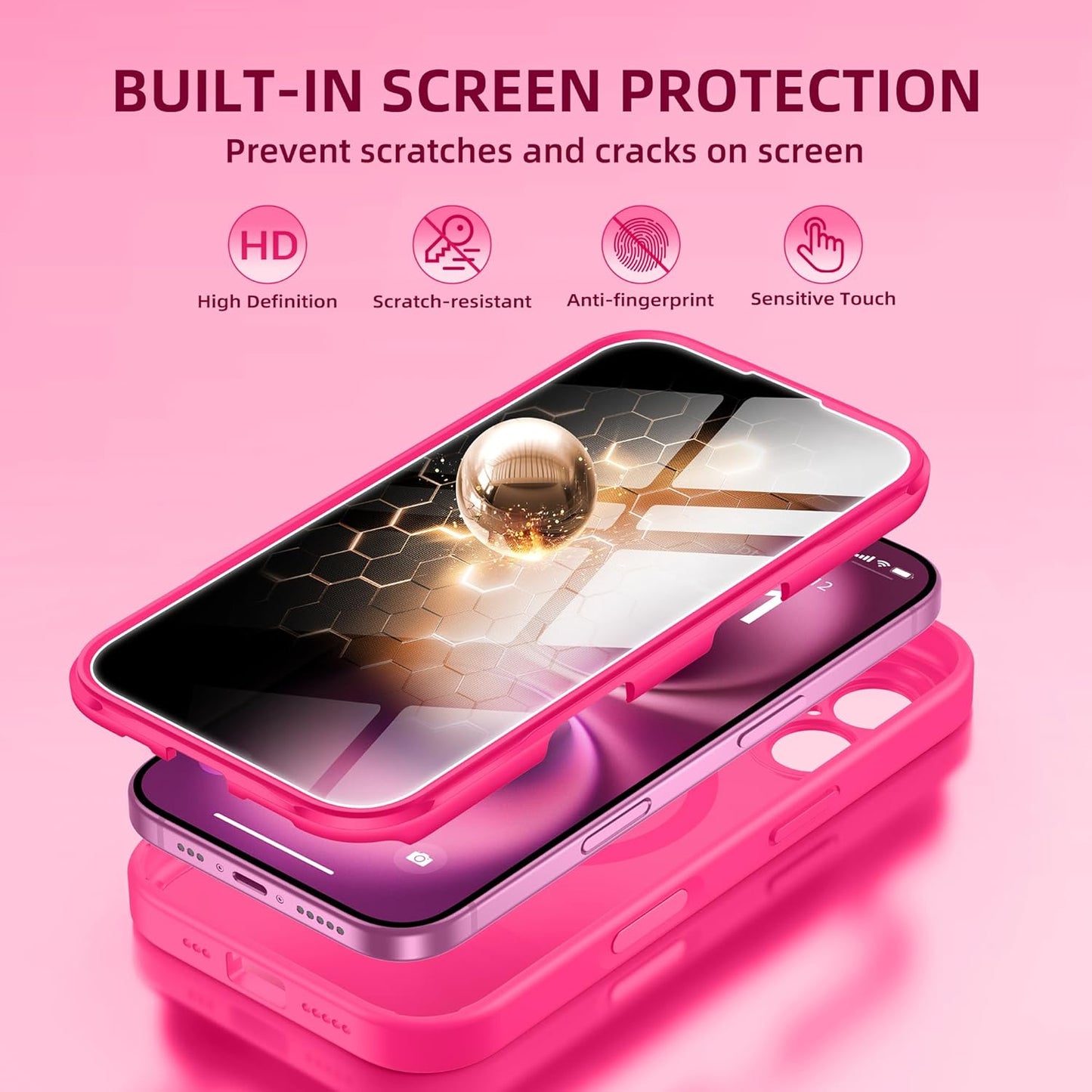 BERFY Magnetic for iPhone 16 Case, Compatible with MagSafe, Built-in Privacy Screen Protector and Upgraded Camera Protection, Anti-Spy Full Body Shockproof Phone Case for 16 6.1", Hot Pink