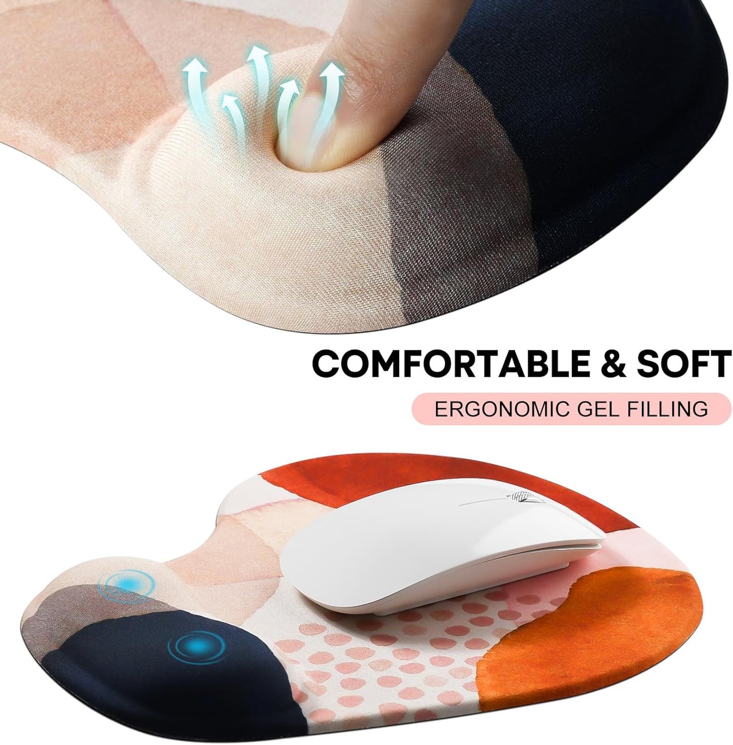 JIKIOU Mouse Pad, 2 Pack Ergonomic Mouse Pads with Comfortable Gel Wrist Rest Support and Smooth Cloth, Non-Slip PU Base for Easy Typing Pain Relief Durable and Easy to Clean Small Boho