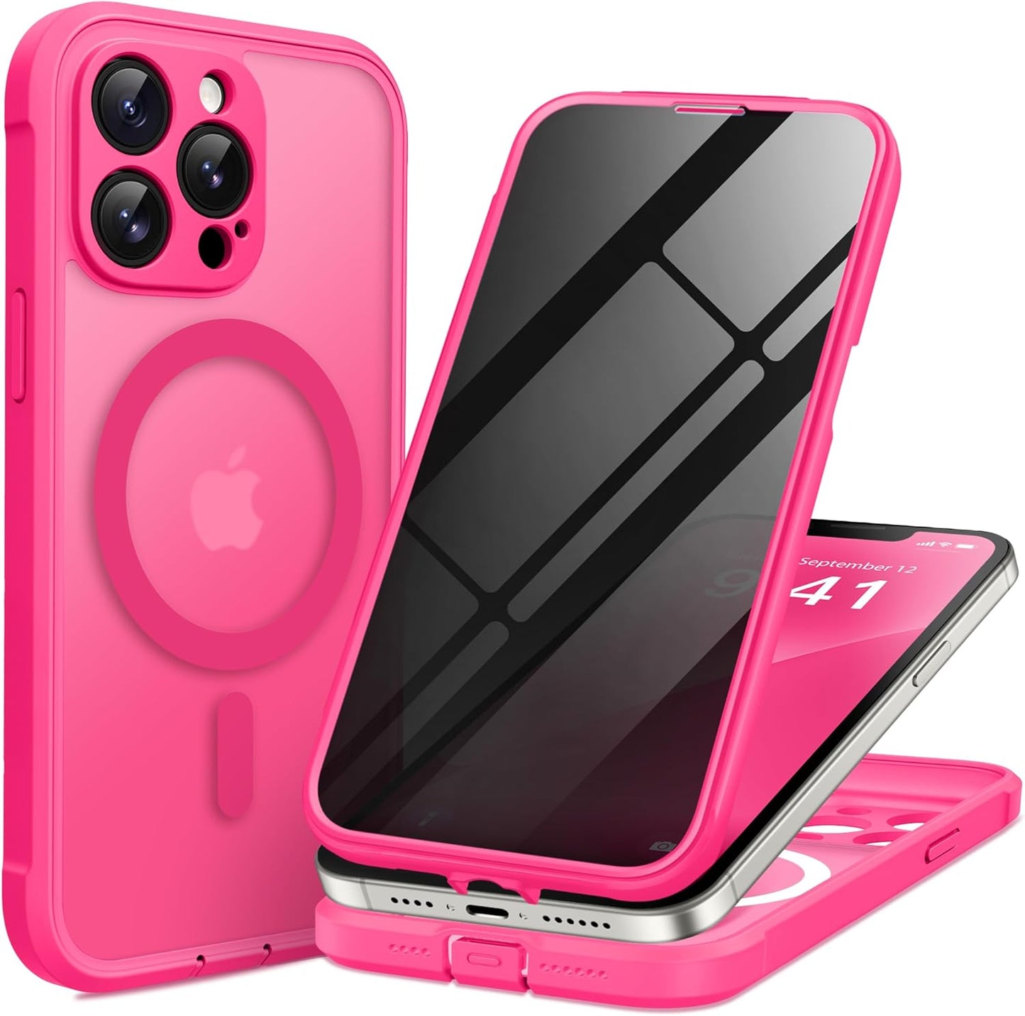 BERFY Magnetic for iPhone 13 Pro Max Case,Compatible with MagSafe,Built-in Privacy Screen Protector and Upgraded Camera Protection,Anti-Spy Full Body Shockproof Phone Case for 13 Pro Max 6.7",Hot Pink