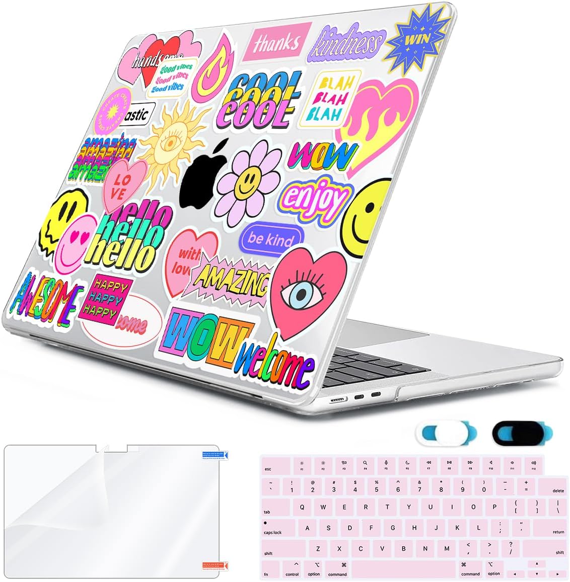 Compatible with MacBook Air 13 inch Case 2025 2024-2022 M4 A3240 M3 A3113 M2 A2681, Plastic Hard Shell&Keyboard Cover&Screen Film&Webcam Cover for MacBook Air 13.6 inch Case, Trendy Patches