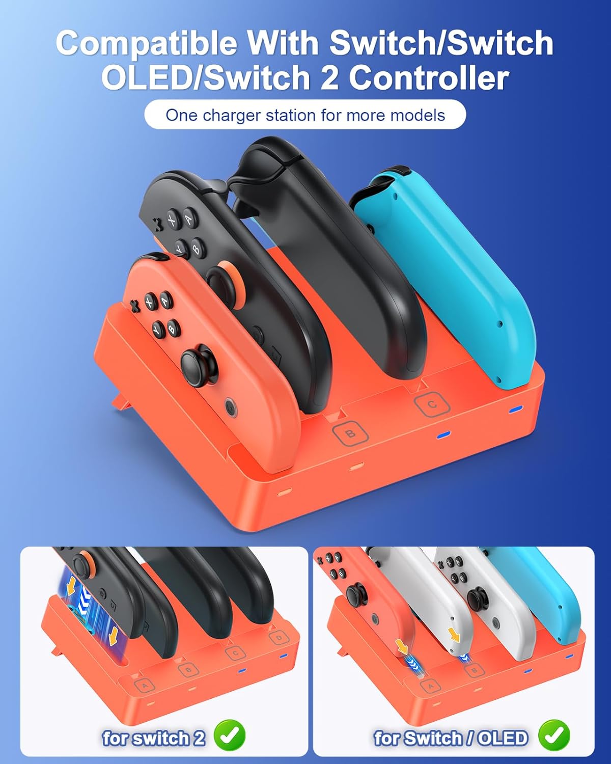 Charger for Nintendo Switch 2 and Switch 1 Controller, Horizontal Charging Dock Station for Joy Cons and for Joycon 2 Accessories with Foldable Storage Stand (Orange)
