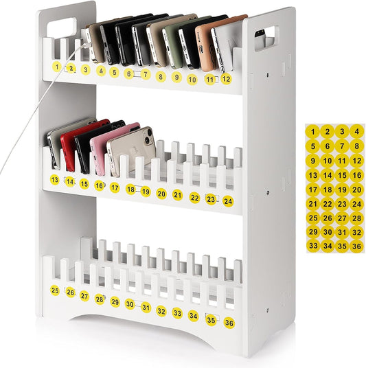 Cell Phone Holder Classroom Cell Phone Storage 3-Tier Multiple Cell Phone Stand Rack with 1-36 Number Stickers PVC Board Mobile Phone Holder Desktop Organizer for Classroom Office