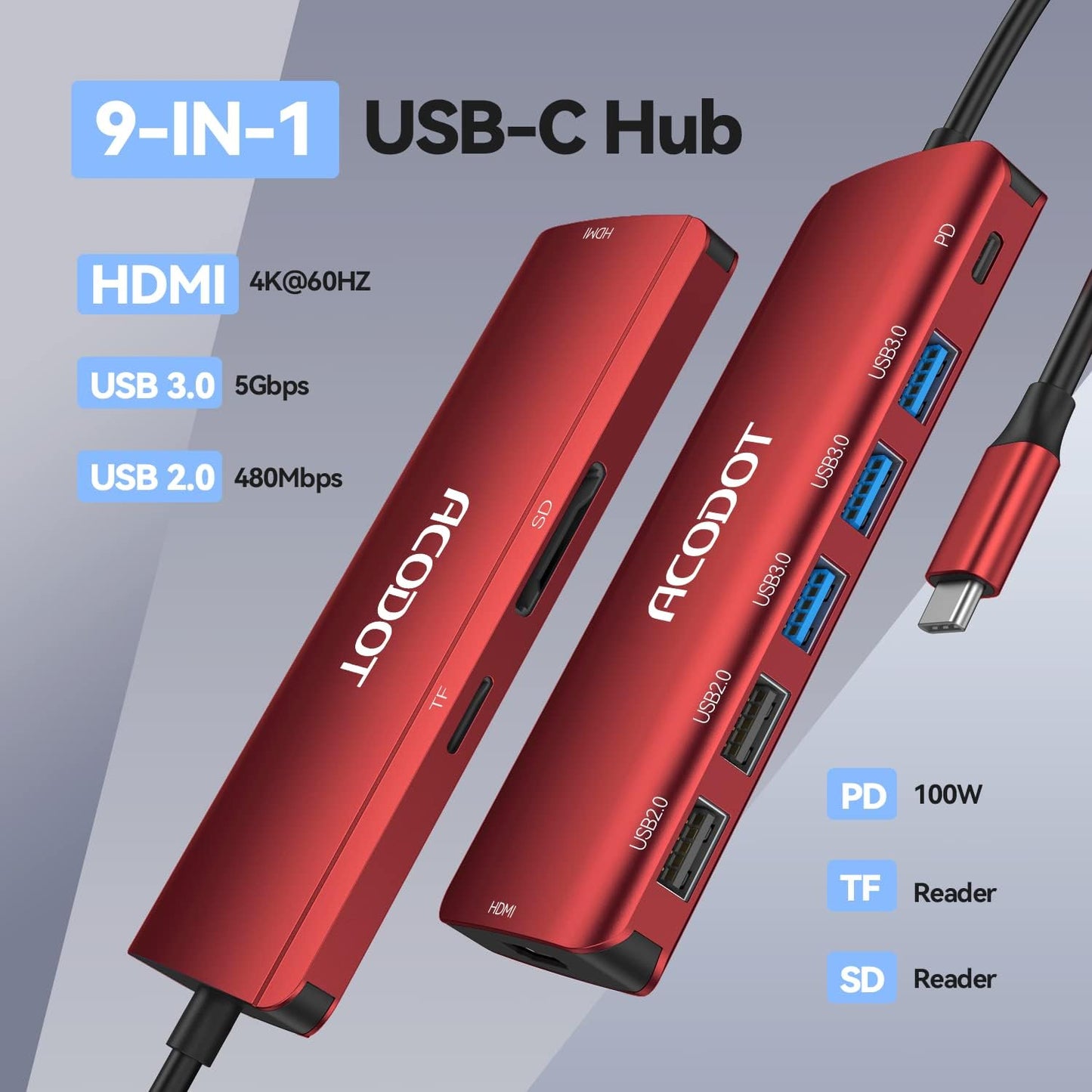 Acodot 9-in-1 USB C Hub Multiport Adapter - 4K@60HZ HDMI, 3 USB 3.0 Ports, SD/TF Card Reader, 100W PD for MacBook Pro Air HP XPS - Red