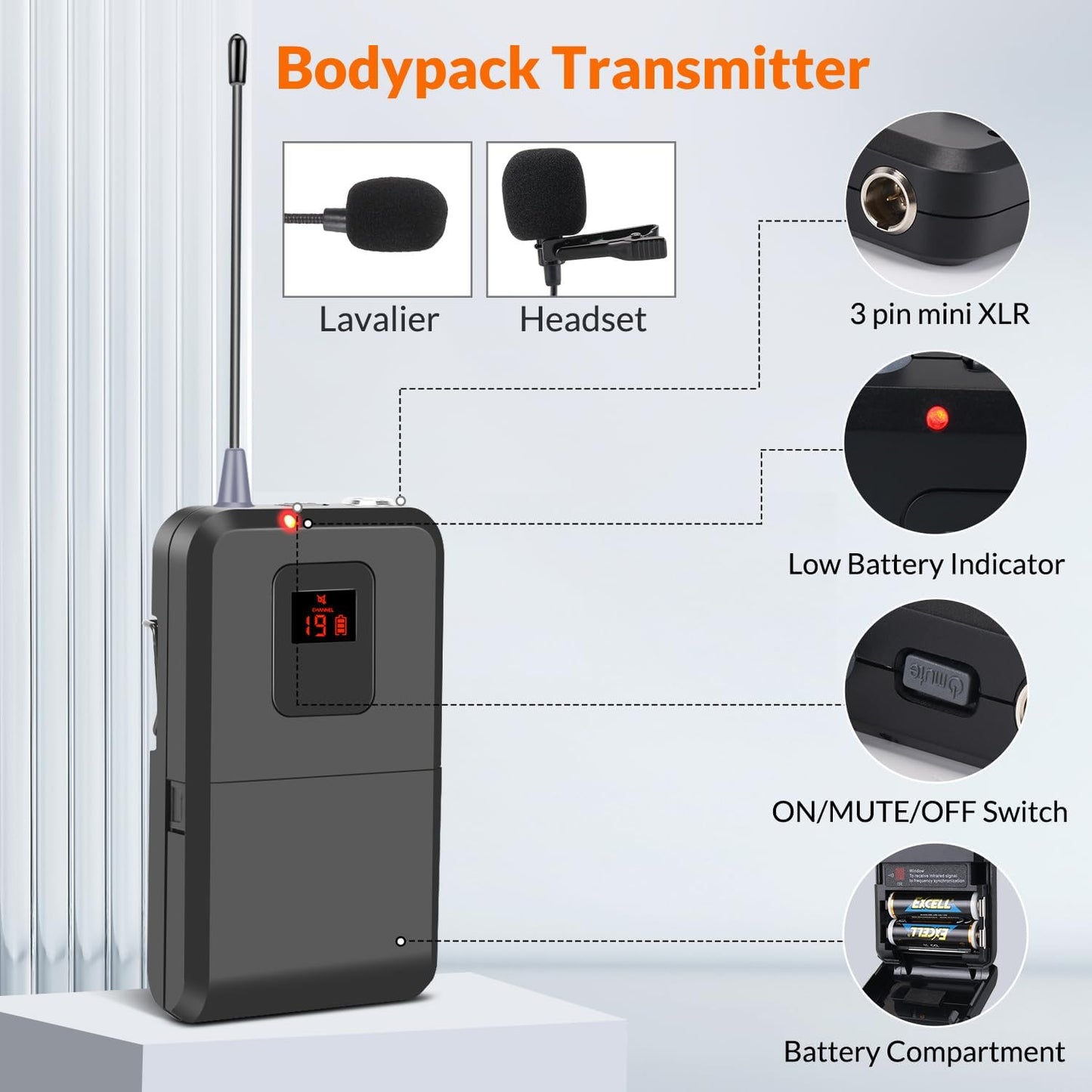 200-Channel Wireless Microphone, Wireless Lavalier Microphone Dual UHF Bodypack Cordless Lavalier Mic System Set