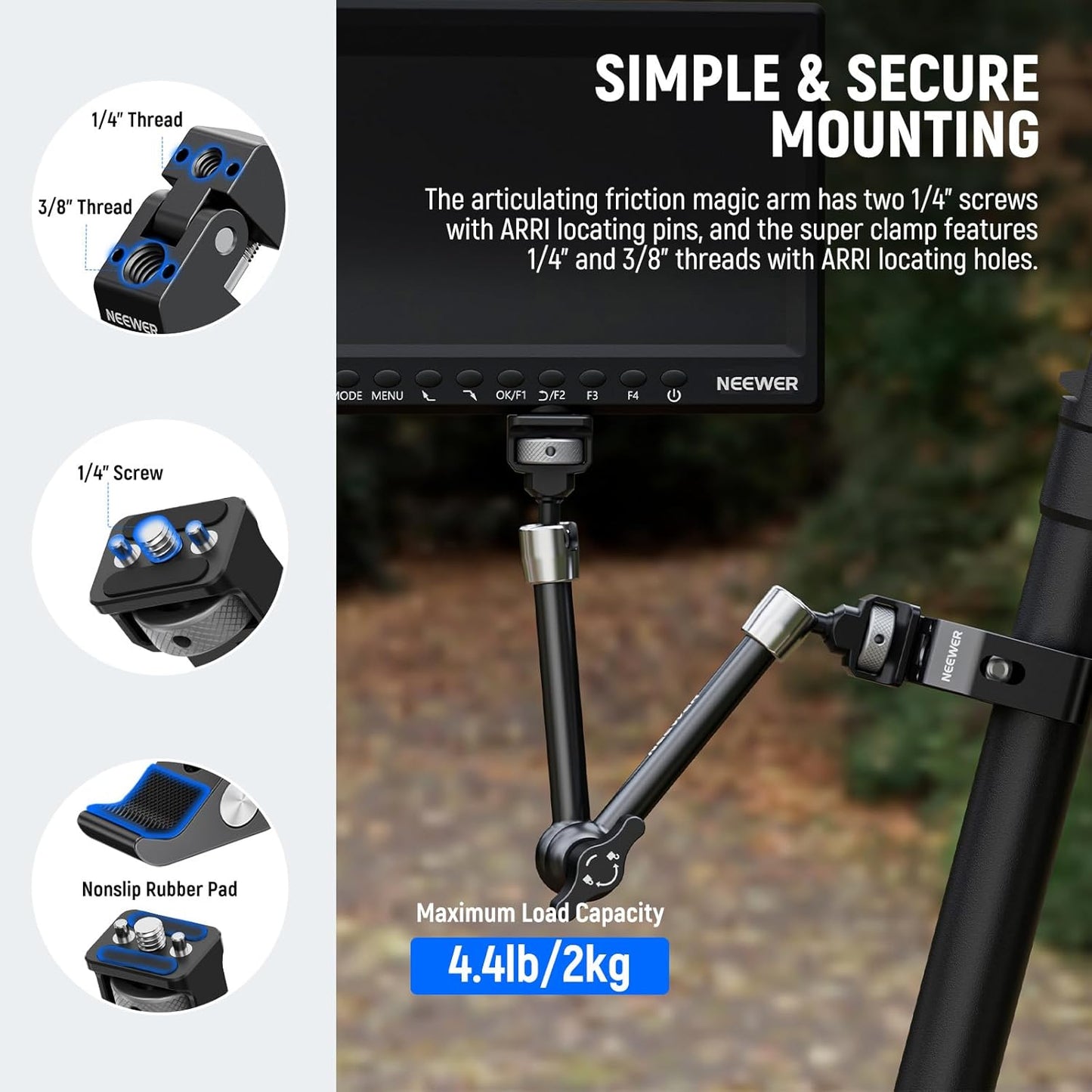 Neewer 11" Articulating Magic Arm Clamp Mount with Super Clamp, Camera Monitor Mount with 1/4" 3/8" ARRI Locating Pins & Holes for DSLR Action Camera Video Light Compatible with SmallRig Cage, ST16C