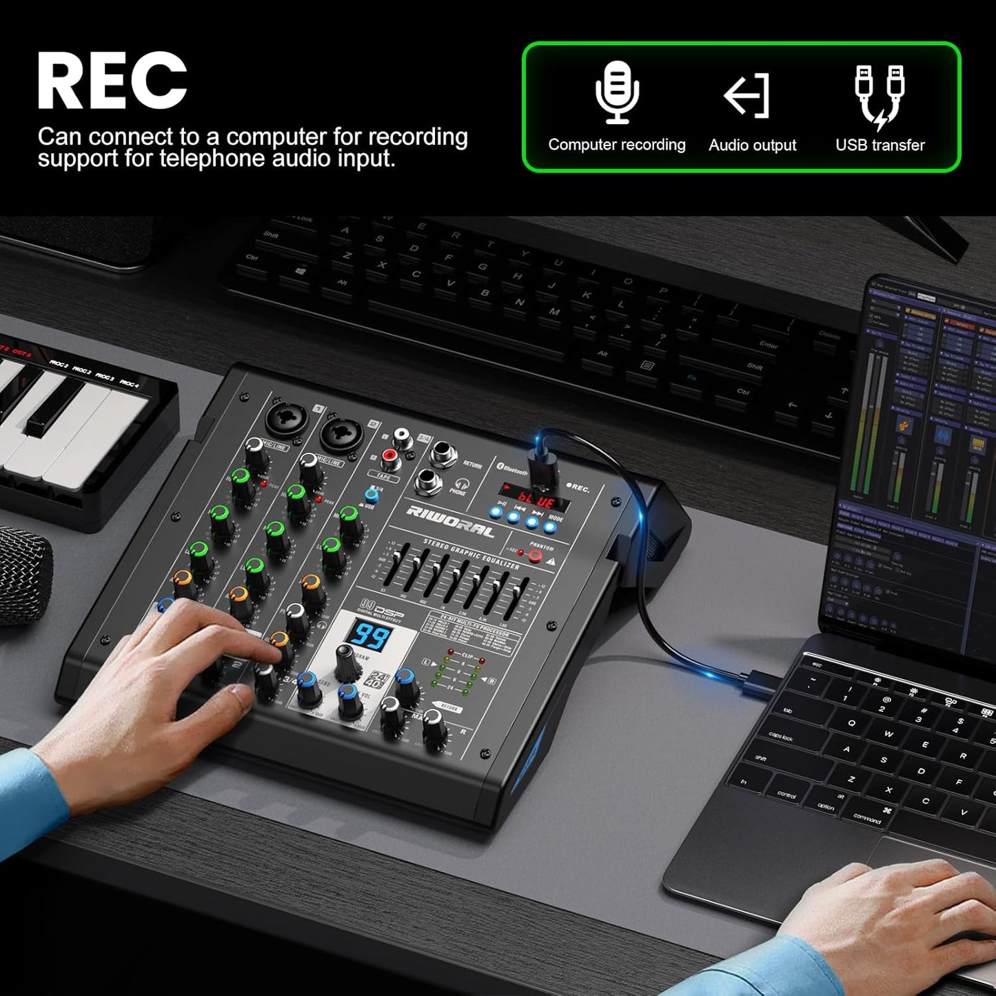 4 Channel Audio Interface DJ Mixer with 99 DSP Reverb Delay Effect USB Audio Interface +48V Phantom Bluetooth for Karaoke Studio Streaming Recording,Live Broadcasting,Podcasting