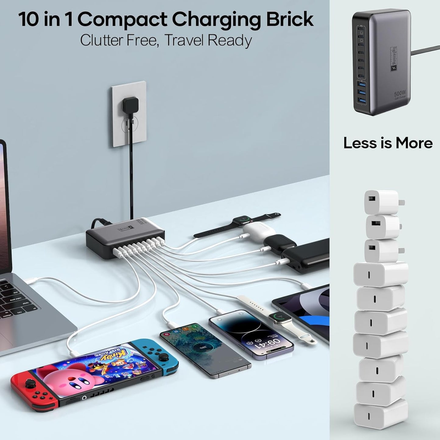 500W USB C Charger Block, 10-Port Charging Station, GaN PD 140W Type C Fast Charger Hub for MacBook Pro/Air, DELL, iPad, iPhone, Samsung Galaxy, Low Profile Flat Plug
