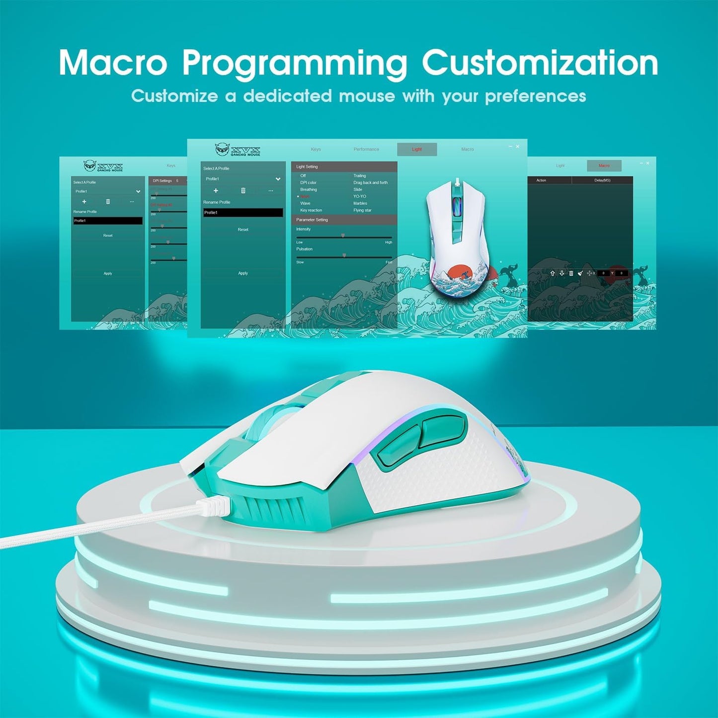 HITIME XVX Wired Gaming Mouse, 12000 DPI RGB Mouse with 12 Backlit Modes & 7 Macro Buttons, PC Gaming Mice Support DIY Keybinding, Gamer Computer Mice for Laptop PC Mac Windows, Coral Sea