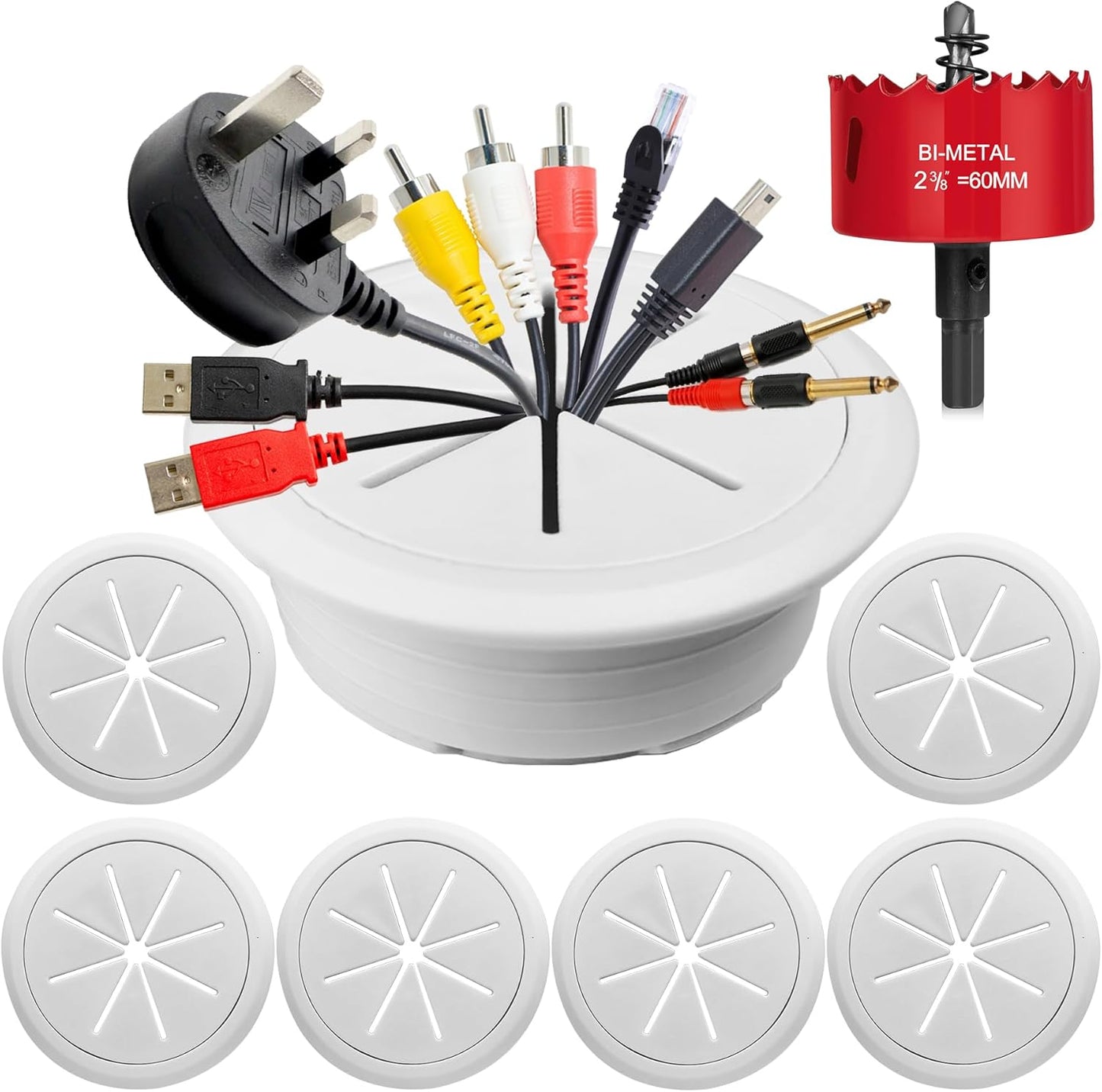 6Pack TV Cord Hider, 2-3/8"(60mm) in Wall Cable Management Kit,Cord Hider for Wall Mounted TV,Behind Wall TV Wire Kit Cable Hider,Includes 2 Pass Throughs and Hole Saw Drill Attachment(White)