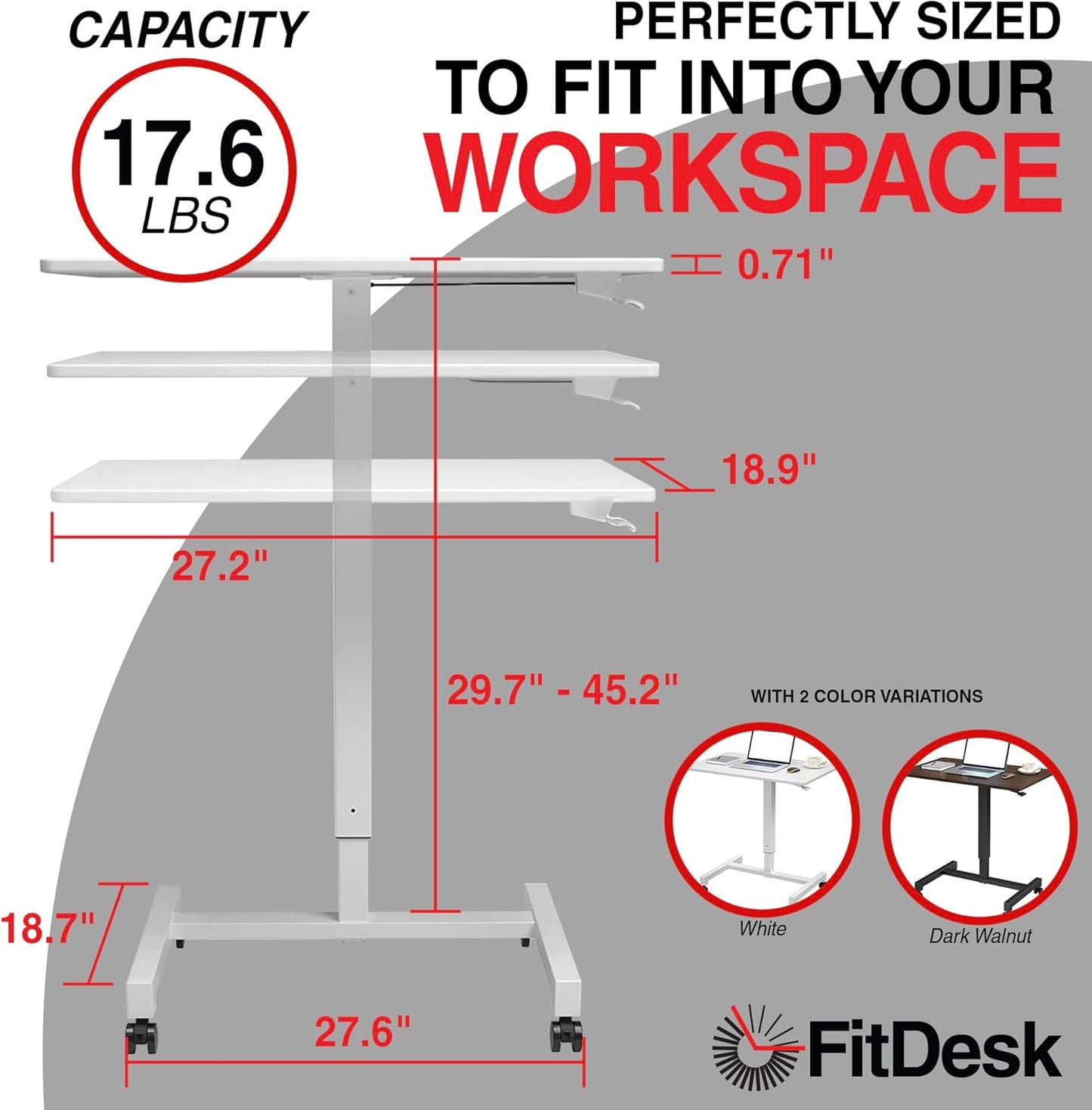 FitDesk Portable Laptop Desk, Rolling Standing Workstation Adjustable Height, Compact Standing Table with Large Surface, Small Stand Desk for Home Office, 30 lb Weight Limit – White, 27" Tabletop