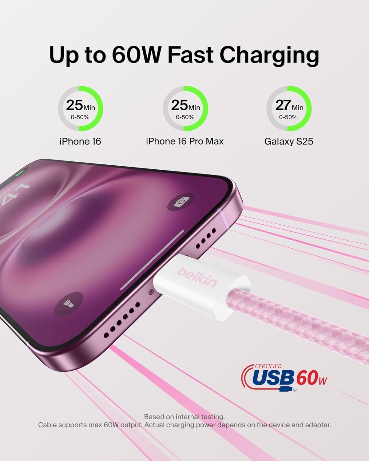 Belkin USB C to USB C Cable 2-Pack, 9.9ft, 60W - Type C Charger, iPhone Charger Cord, Soft, Braided, Flexible for iPhone 16, Galaxy S25, Pixel 9, Airpods, iPad Pro & More, Travel Essentials - Pink