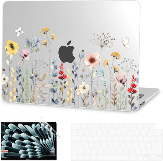 G JGOO Compatible with MacBook Air 13 inch Case 2025 2024 2023 2022 M4 A3240 M3 A3113 M2 A2681, Clear Plastic Hard Shell for MacBook Air 13.6 inch Case+Keyboard Cover+Screen Protector, Garden Flower