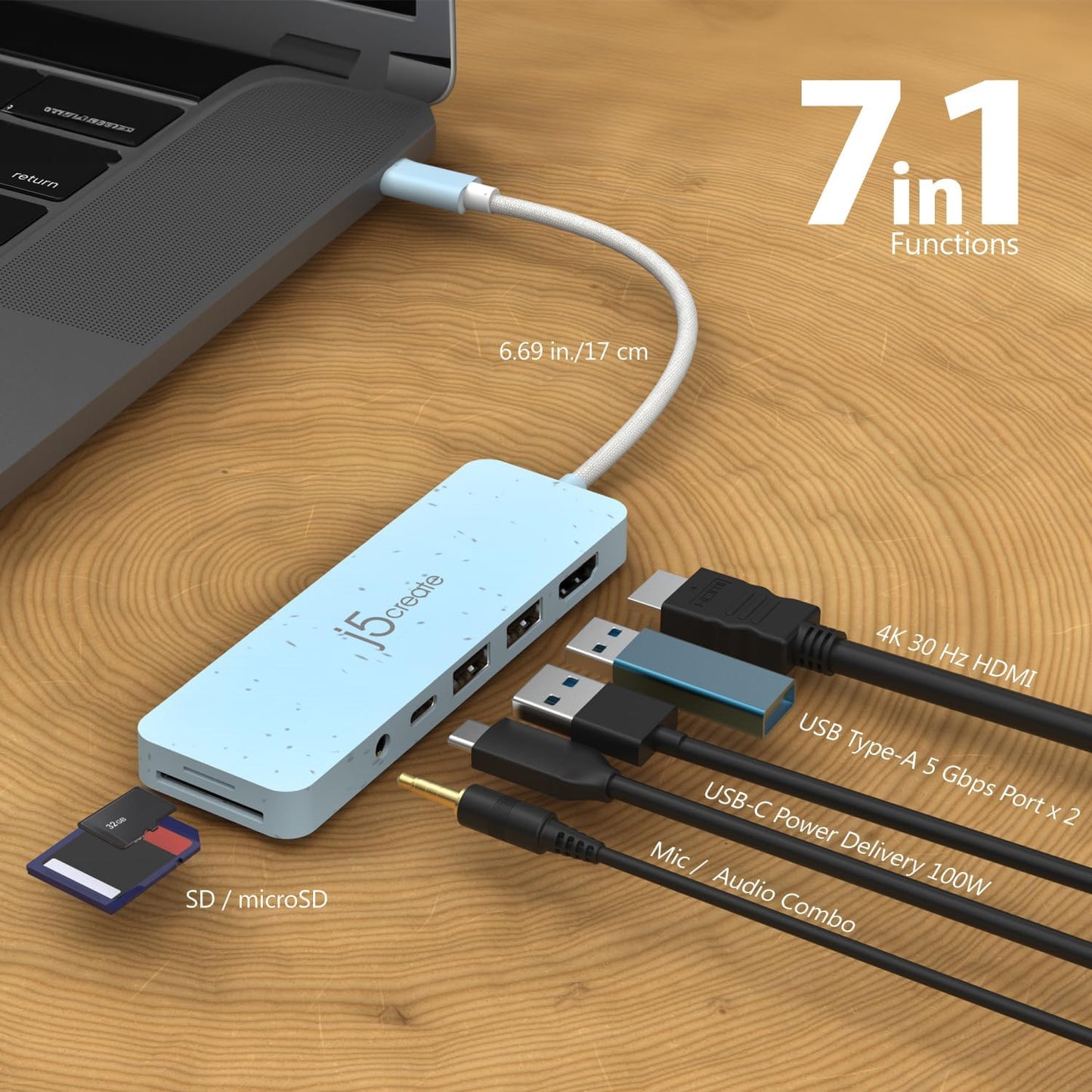 j5create USB-C Multi-Port Hub with Power Delivery with 4K HDMI/2 USB-A 5Gbps/PD 100W Charging SD&Micro SD/3.5mm Audio | for MacBook Pro&Air/iPad Pro/iMac/Surface/XPS/Thinkpad/Galaxy/and More(JCD373EW)