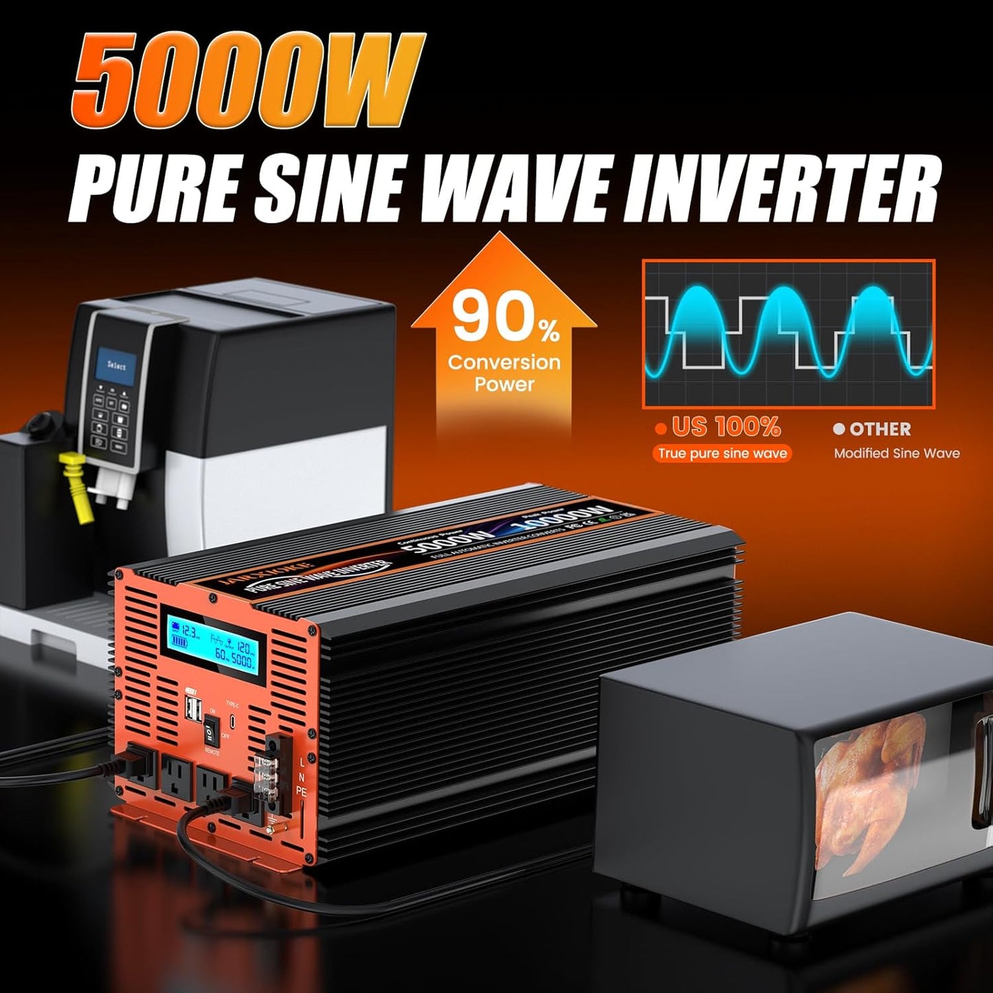 5000 Watt Pure Sine Wave Power Inverter 12V DC to 110V 120V Converter for Family RV Off Grid Solar System Car with Type-C Ports 4 AC Power Outlets Dual USB Ports LCD Display and Remote Control