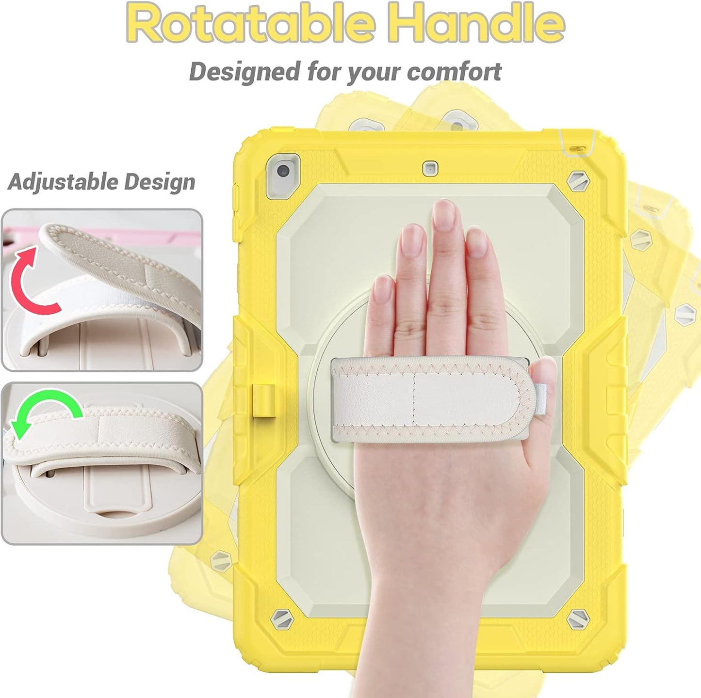 BLOSOMEET Kids Case for iPad 10.2 9th/8th Generation 2021 2020 with Tempered Glass Screen Protector Pen Holder,Cute Girls Boys iPad 7th Gen Cover Rugged w/Stand Hand Shoulder Strap Yellow