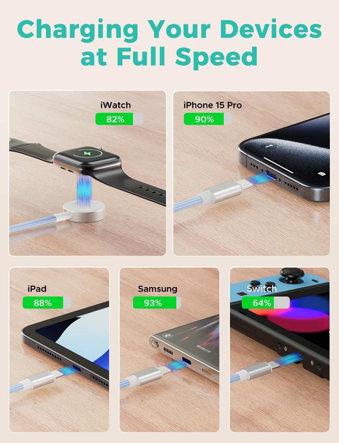 2Pack Blue-Travel Essentials 3 in 2 USB C Cable for Watch Charger Phone Charger USB C Multi Fast Charging Cable Compatible with Watch Ultra/SE/10/9/8/7/6/5/4/3/2/1 & Phone 16/15/14/Galaxy S23-4FT