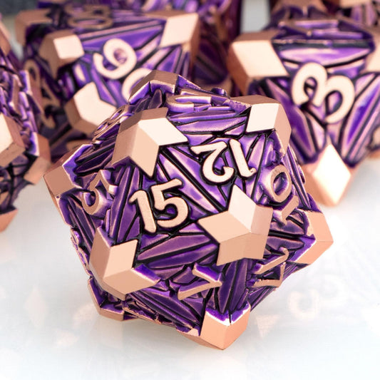 7PCS Metal DND Dice Set with Box, Debris RPG Purple D and D Dice for use with D&D Tabletop Games Role Playing Game Polyhedral Dice Set D20 D12 D10 D8 D6 D4