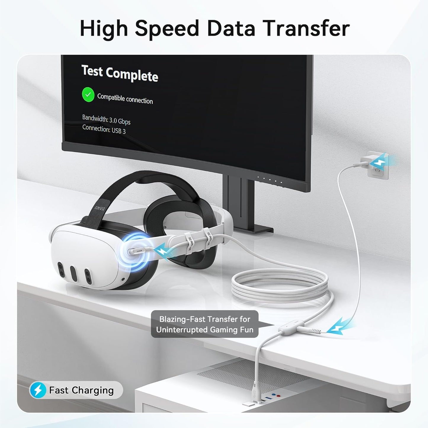 AMVR 16FT(5M) Charging Link Cable Accessories Compatible with Meta Quest 3/3S/Pico 4 - Data Line with Separate Fast Charging Port, High-Speed Max 5Mbps Transfer to PCVR/SteamVR, Play While Charger