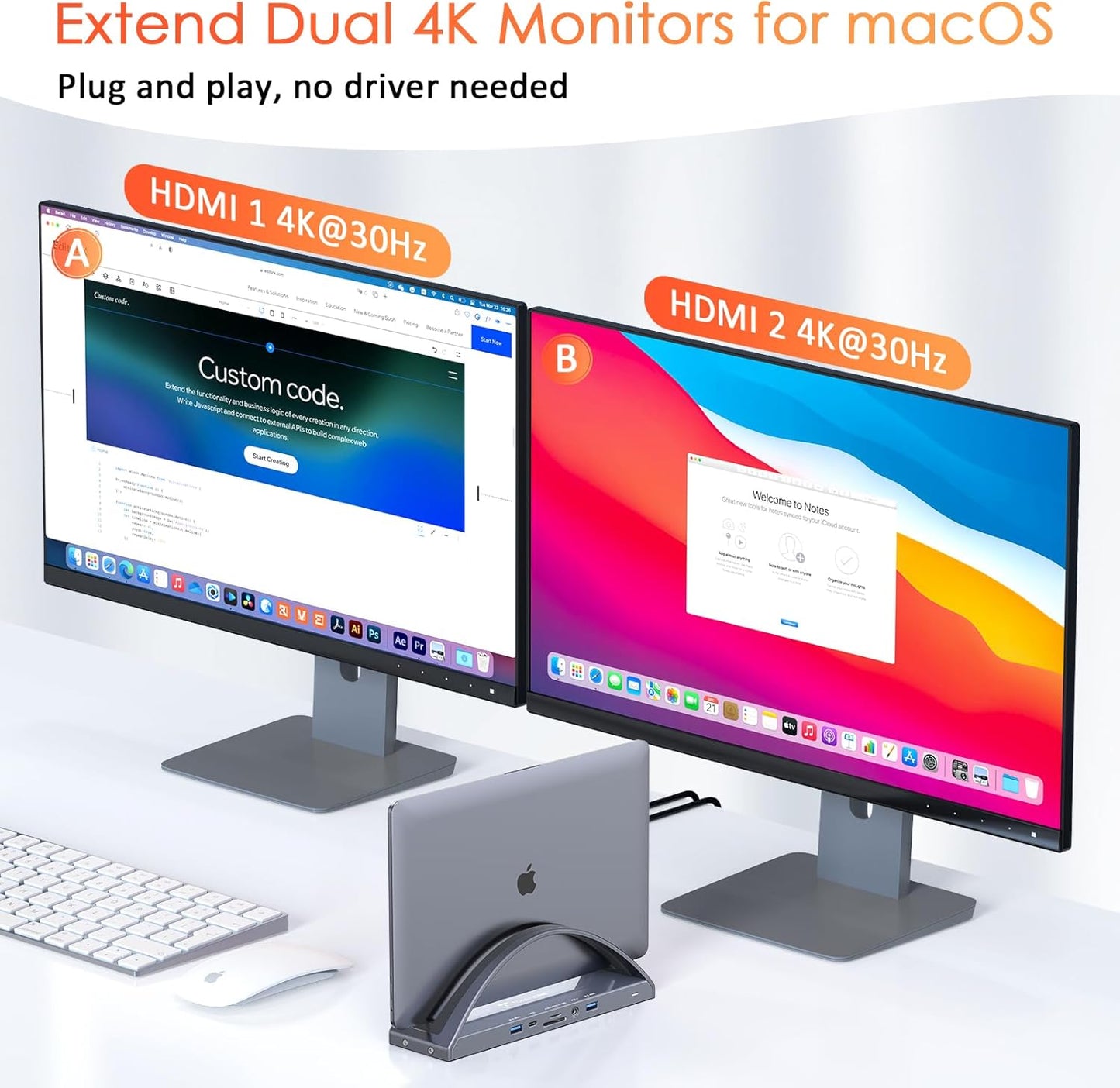 TobenONE MacBook Docking Station Dual Monitor 4K with 100W Power Adapter, 13-in-2 USB C Docking Station for MacBook Pro/Air, Laptop Dock Stand with 2 HDMI, VGA, 5 USB, PD 3.0, RJ45, SD/Micro SD, Audio