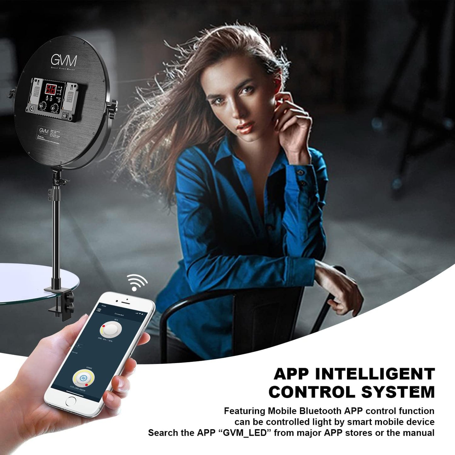 GVM Key Light, 14" LED Video Light with APP Control, Bi-Color Round Lighting, Ultra Thin 60W 3200-5600K Dimmable LED Soft Light with Table Stand for Gaming Studio YouTube Wedding Live Streaming