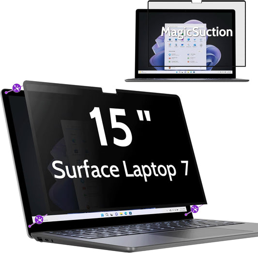 Privacy Screen for 15 Inch Surface Laptop 7, MagicSuction™ Removable Anti Spy Black Protector, Glare Blue Light Filter for Microsoft Laptop Computer Monitor