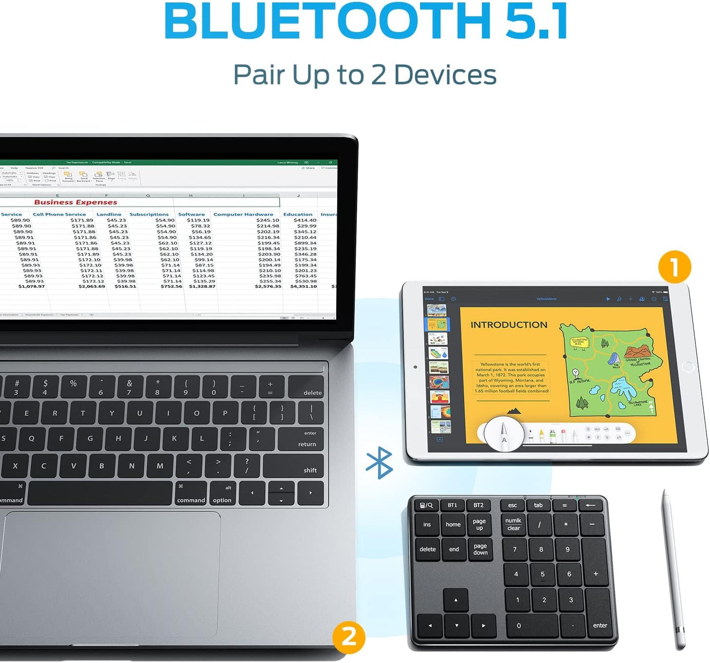 iClever Number Pad, Aluminum Wireless Number Pad for Multi Devices, USB-C Rechargeable, External 34-Keys Bluetooth Keyboard for Data Entry, Compatible for Laptop, Mac, iMac, Tablet, PC Desktop