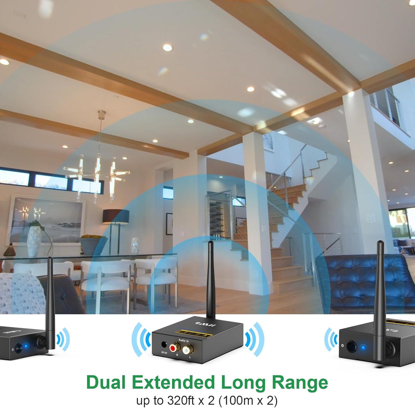 1Mii 3-in-1 2.4GHz Wireless Audio Transmitter and Receiver for TV, 20ms Ultra Low Delay RCA Out/in, 320 ft Range Wireless Adapter for Subwoofer to TV/PC/CD Player, 2 Receivers for Two Speakers