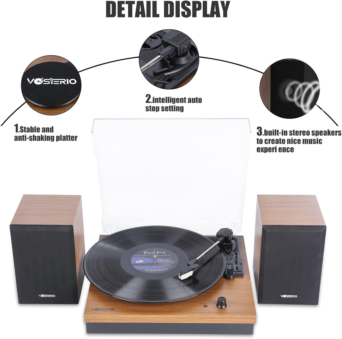 Bluetooth Record Player, 3-Speed Belt-Driven Turntable with Bluetooth Input& Output, Aux-in, Two 15W External Speakers, Retro Vinyl Player, Walnut