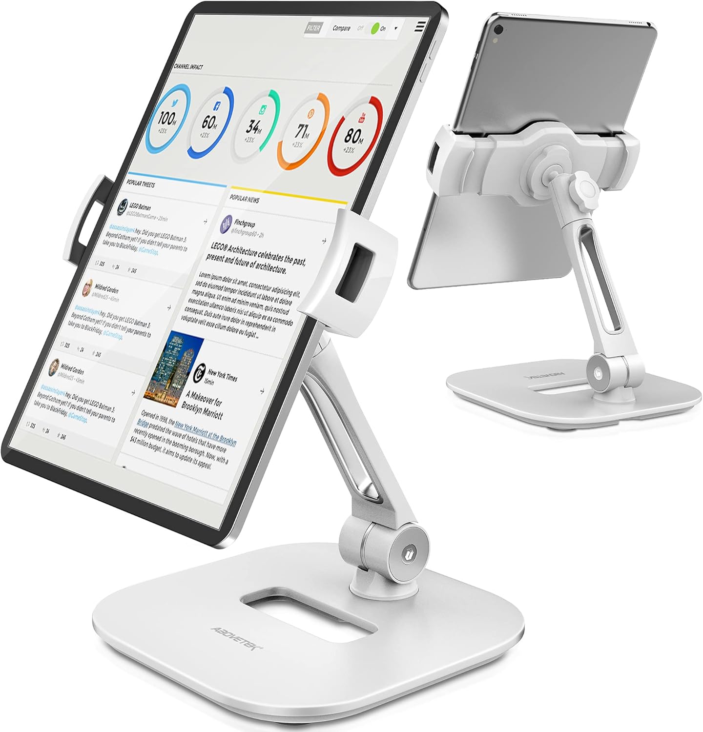 AboveTEK Tablet Stand Holder, Stylish Aluminum iPad Stands, Foldable 360° Swivel iPad iPhone Table Stand Holder fits 4-11" Tablets/Smartphones for Kitchen Bedside Office POS Showroom Reception (White)