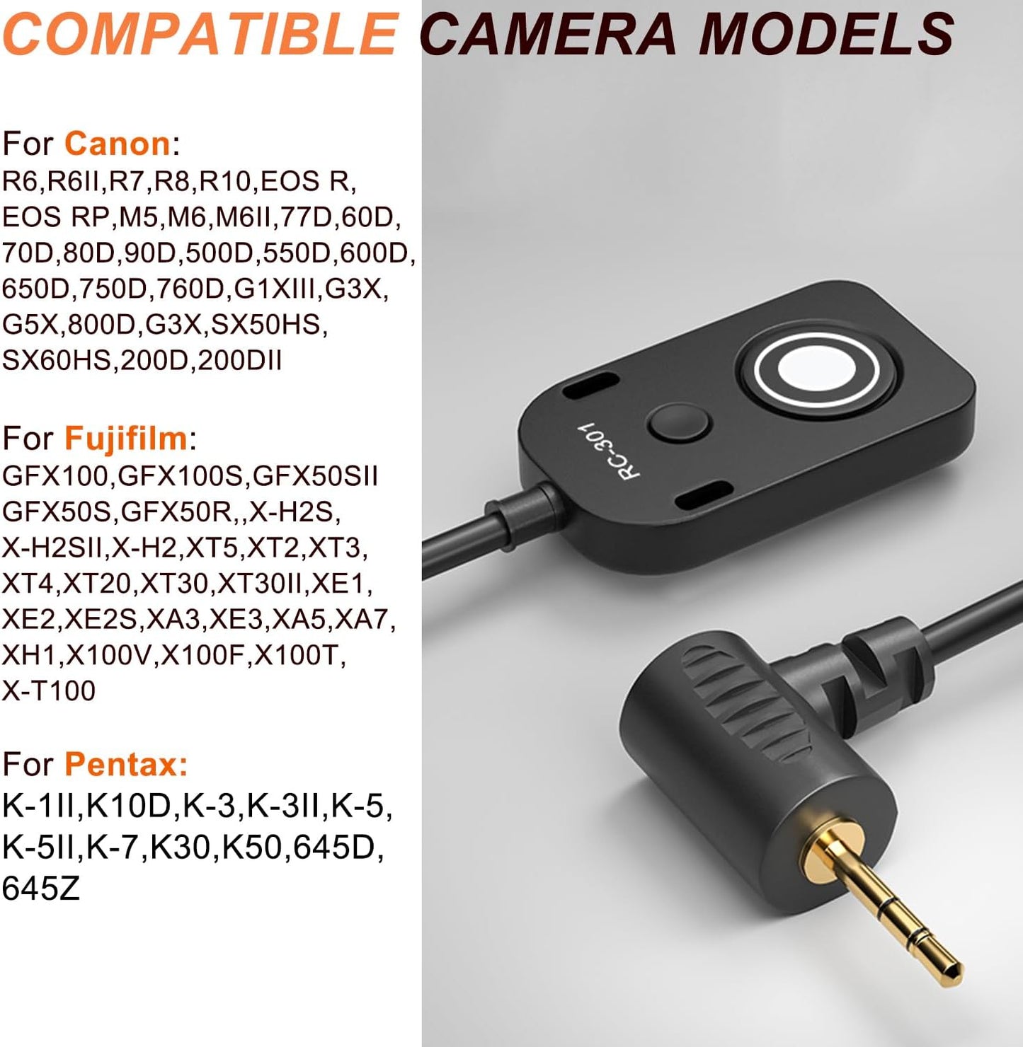for Canon/Fuji RC301-2.5mm Remote Camera Small Shutter Release Remote Control 196.8 "Extended Cable R50V R100 R6 R8 R10 80D XT2/3/4/5 XH2S GFX100/S GFX50/S/II (RC301-2.5/E3 196.8in/5m)