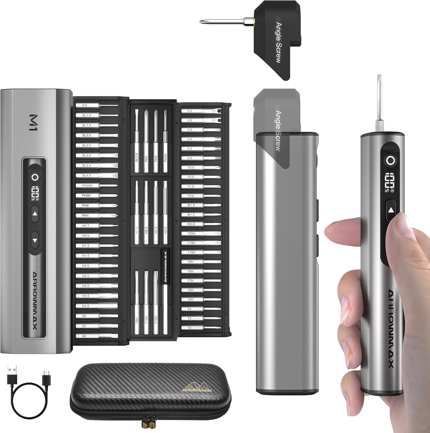 AM ARROWMAX 7.4V Mini Electric Screwdriver & Removable Angle Screw, Precision Electric Screwdriver Set, 60 in 1 Magnetic Bit, 5 Torque Setting, 5/32''Hex, Repair Tools For Phone Camera Watch (M1 PLUS)