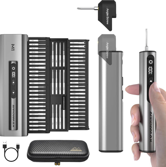AM ARROWMAX 7.4V Mini Electric Screwdriver & Removable Angle Screw, Precision Electric Screwdriver Set, 60 in 1 Magnetic Bit, 5 Torque Setting, 5/32''Hex, Repair Tools For Phone Camera Watch (M1 PLUS)