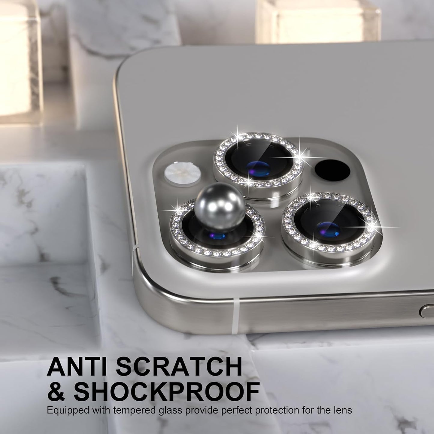 Choiche Compatible for iPhone 16 Pro/iPhone 16 Pro Max Camera Lens Protector Bling, 9H Tempered Glass Camera Cover Screen Protector Metal Ring Decoration Accessories (Diamond-Titanium Natural)