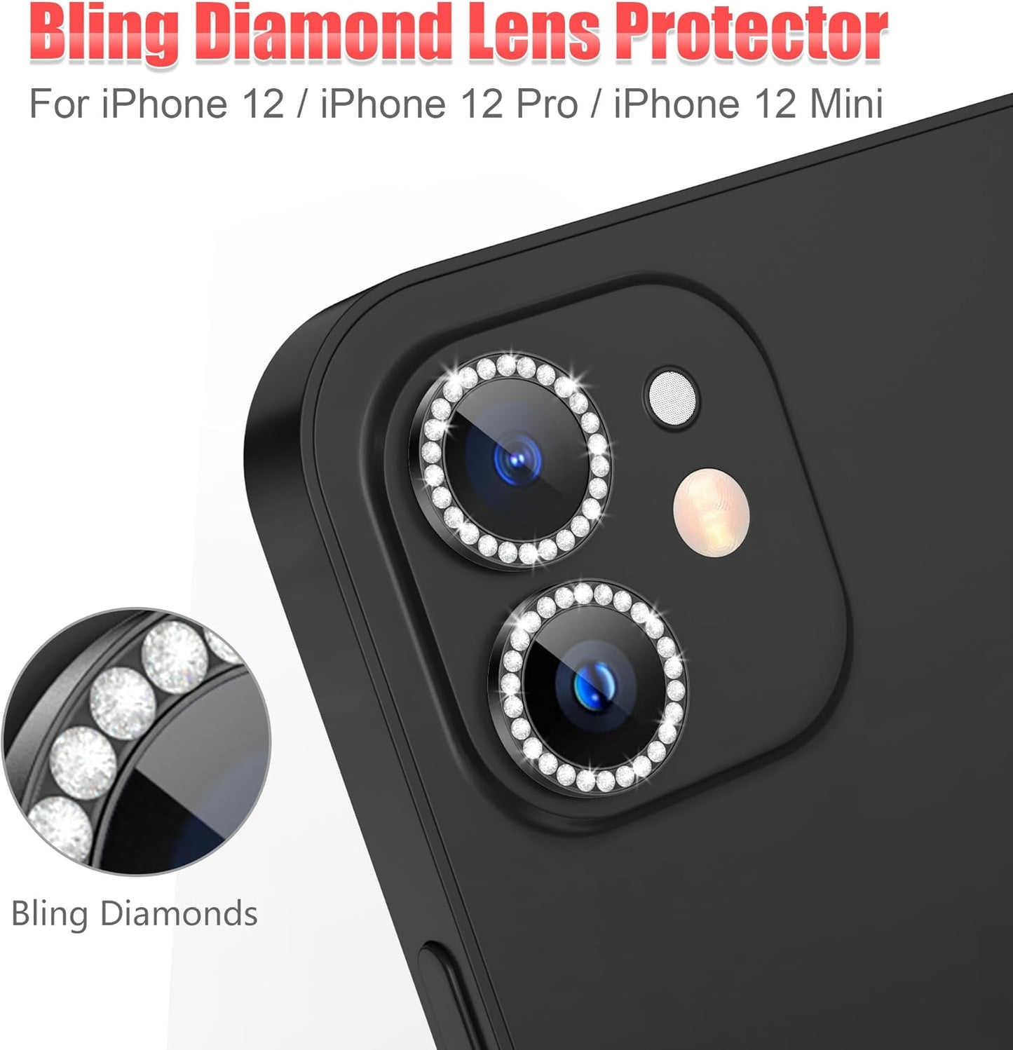 AGVEE 3+3 6 Pack for iphone 12 Pro/12/12 Mini/11 Pro Max/11 Pro/11 Camera Lens Cover Protector, Bling Diamond & Bling Glitter Metal Ring 9H Tempered HD Glass Camera Protector, Bling-Black