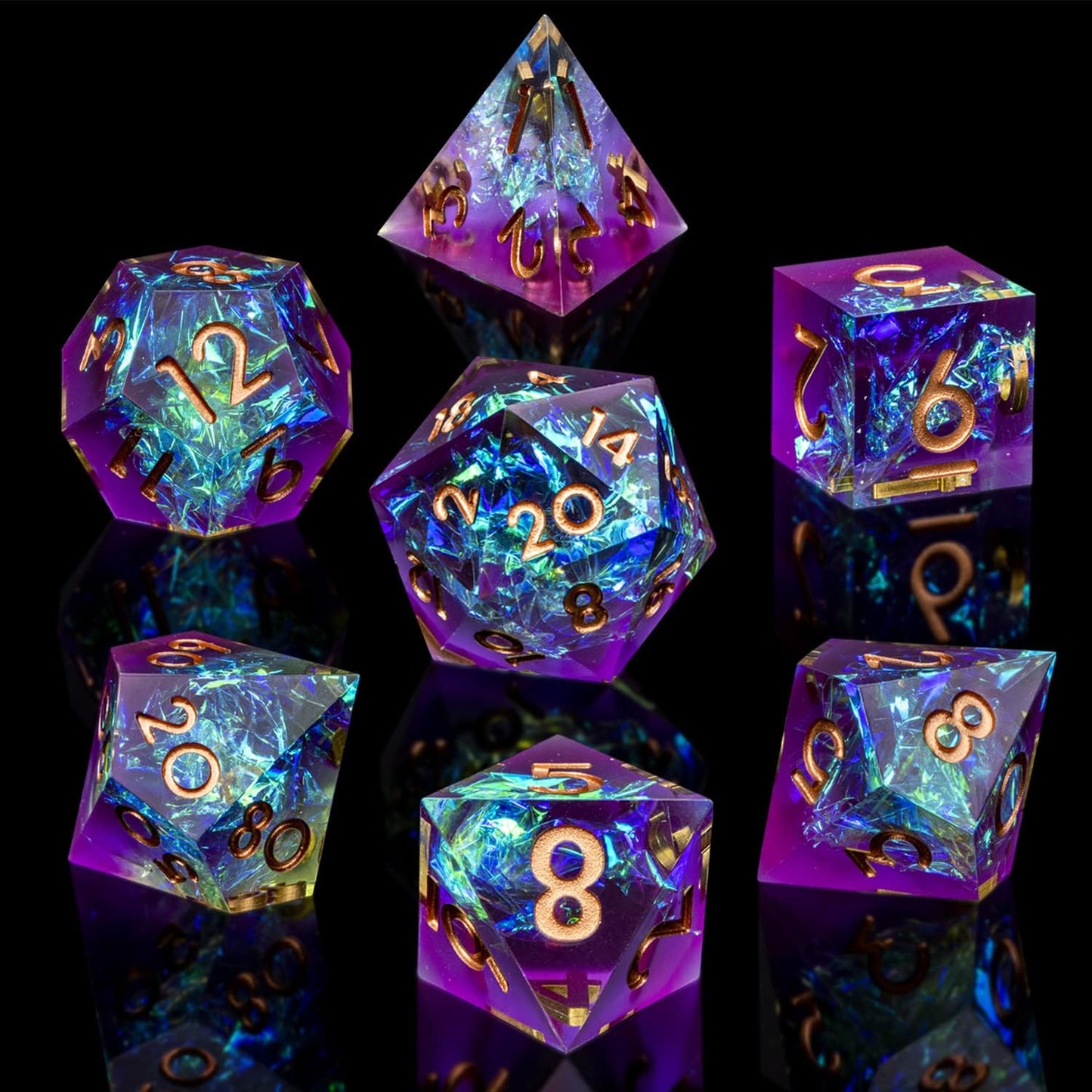 ARUOHHA DND Resin Dice Set 7Pcs Handmade Glitter Inclusions Sharp Edge Dice with Box, Lightning Polyhedral RPG Translucent D and D Dice D20 D12 D10 D8 D6 D4
