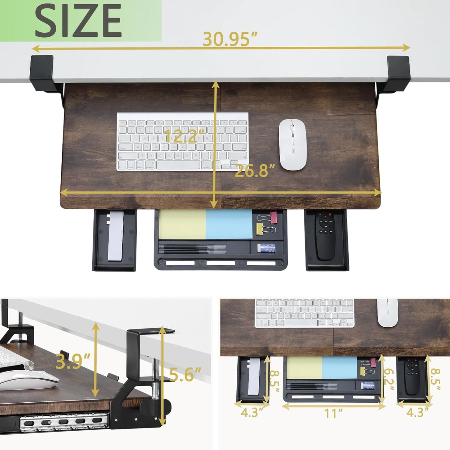 ETHU Keyboard Tray Under Desk, Pull Out Keyboard & Mouse Tray with C-clamp, Ergonomic Desk Keyboard Tray Slide Out, Pull Out Platform Drawer for Home and Office(Wood)