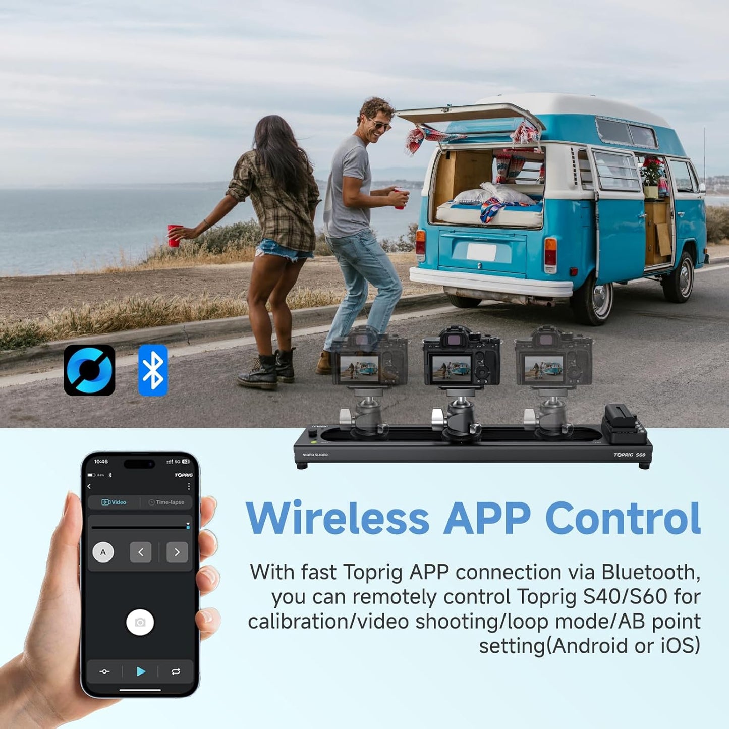 Accsoon Toprig 24inch/60cm Motorized Camera Slider, Bluetooth Video Slider with Button/APP Control, Time-Lapse/Loop Mode, Speed Knob, 120° Panoramic Shooting, Compatible with GoPro, Camera, DSLR