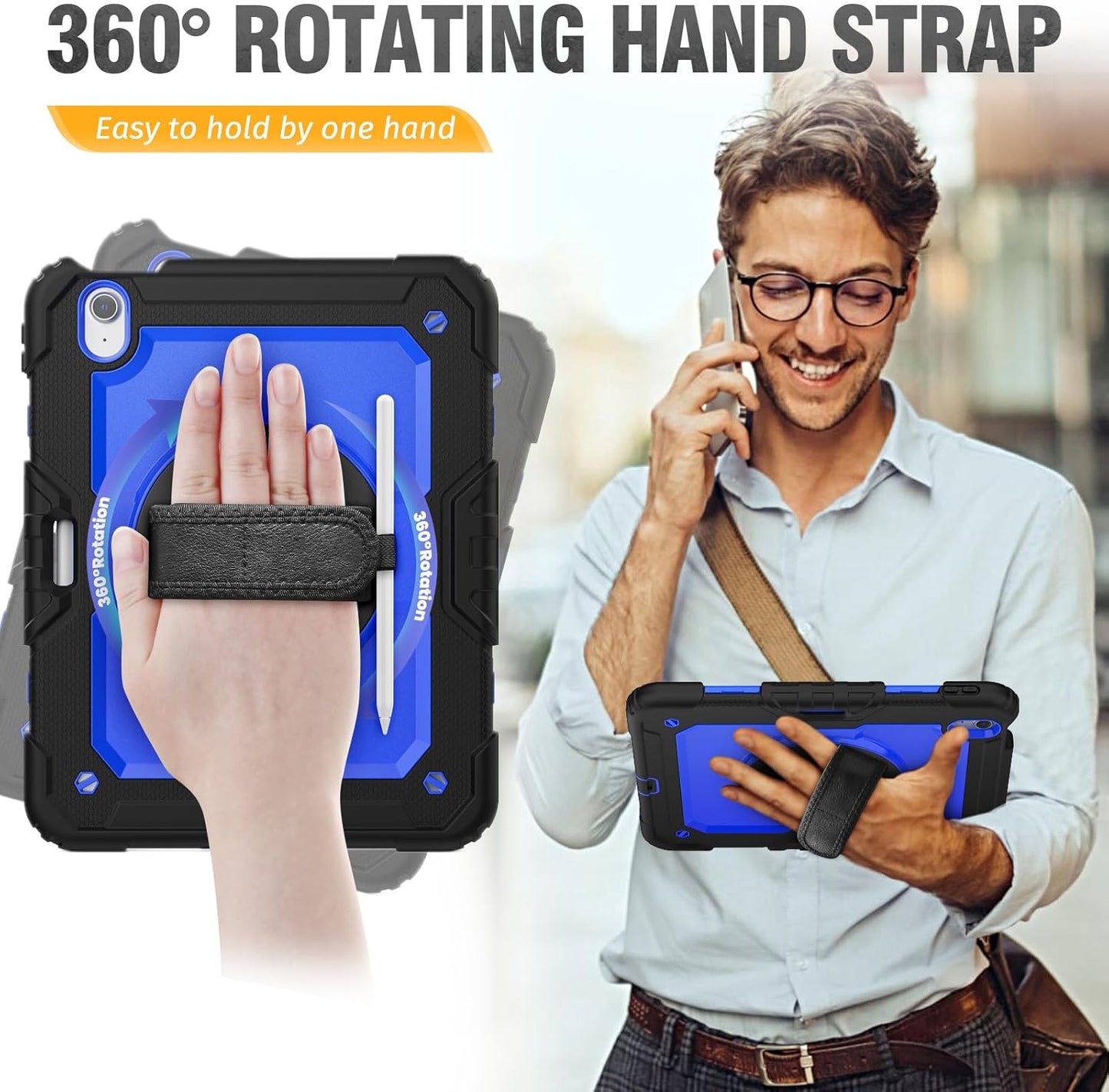 HXCASEAC Case for iPad Air 11 inch (2025 M3 / 2024 M2), Shockproof Design with Pencil Holder/Screen Protector/Rotating Hand Strap, Protective Cover for iPad Air 7th/6th Generation - Blue