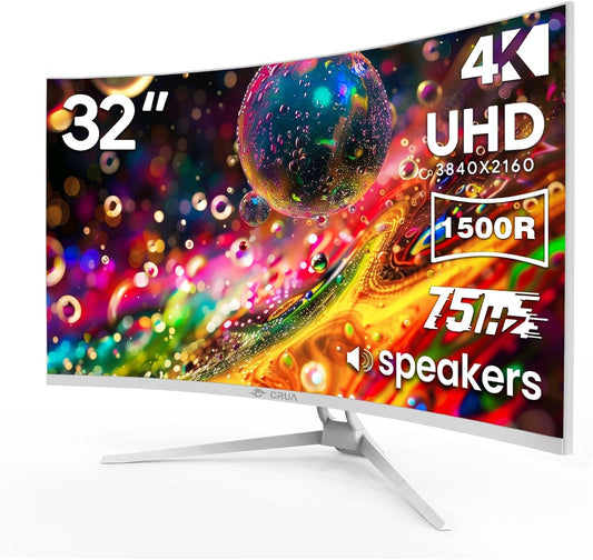 CRUA 32" White Curved Monitor, 4K UHD(3840*2160P) 1500R VA Screen, 75Hz Computer Monitor Supports AMD Freesync, 120% sRGB, Built-in speakers, Blue Light Filter,Wall Mountable Installs(HDMI 2.0/DP 1.4)