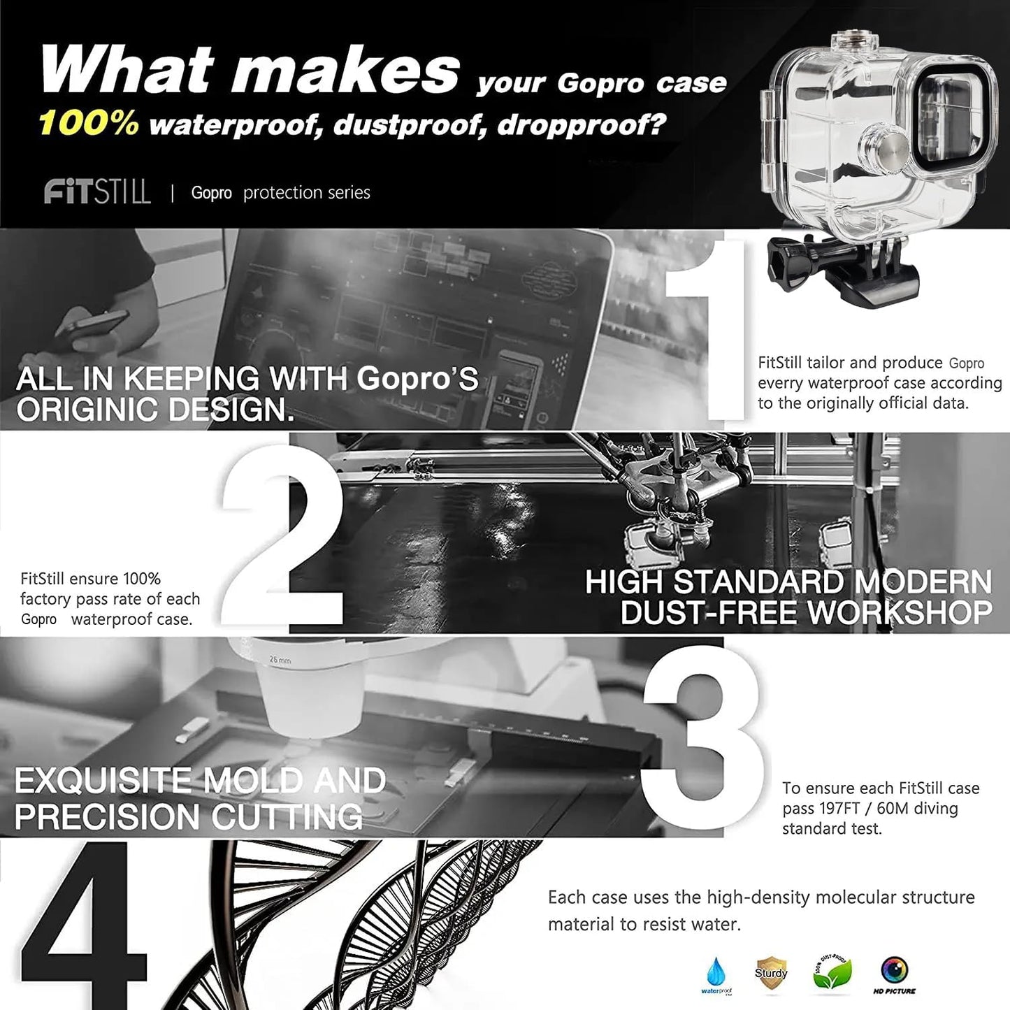 FitStill 60M/196FT Underwater Waterproof Protective Case Compatible for Go Pro HERO11 Black Mini,Monopod Floating Hand Grip Dive for Hero 11 MINI Action Camera Accessory Kit