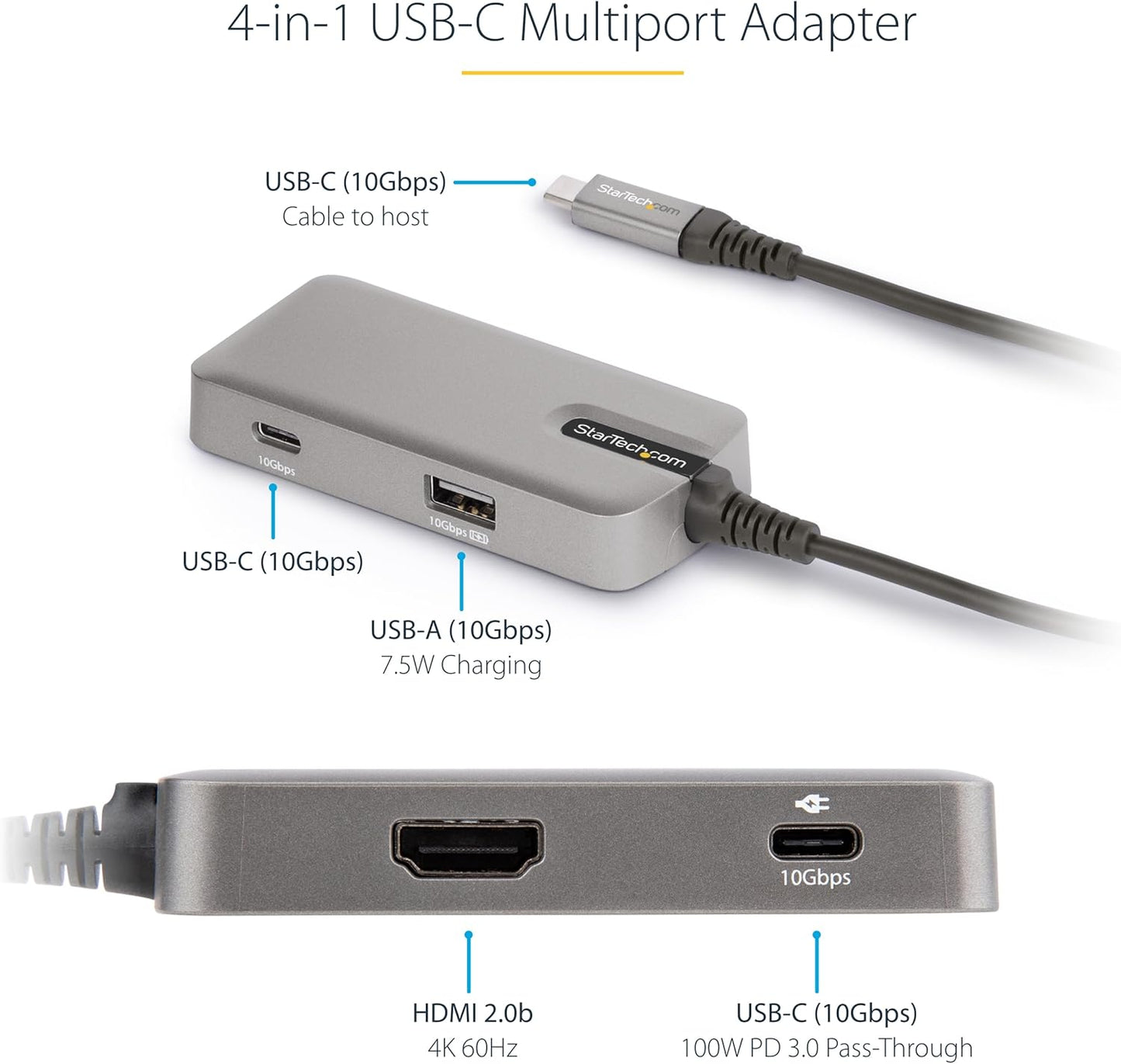 StarTech.com USB C Multiport Adapter - USB-C to 4K 60Hz HDMI 2.0, 100W Power Delivery Pass-Through - 3-Port 10Gbps USB Hub - Portable USB Type-C Mini Docking Station - 10" (25cm) Cable, TAA