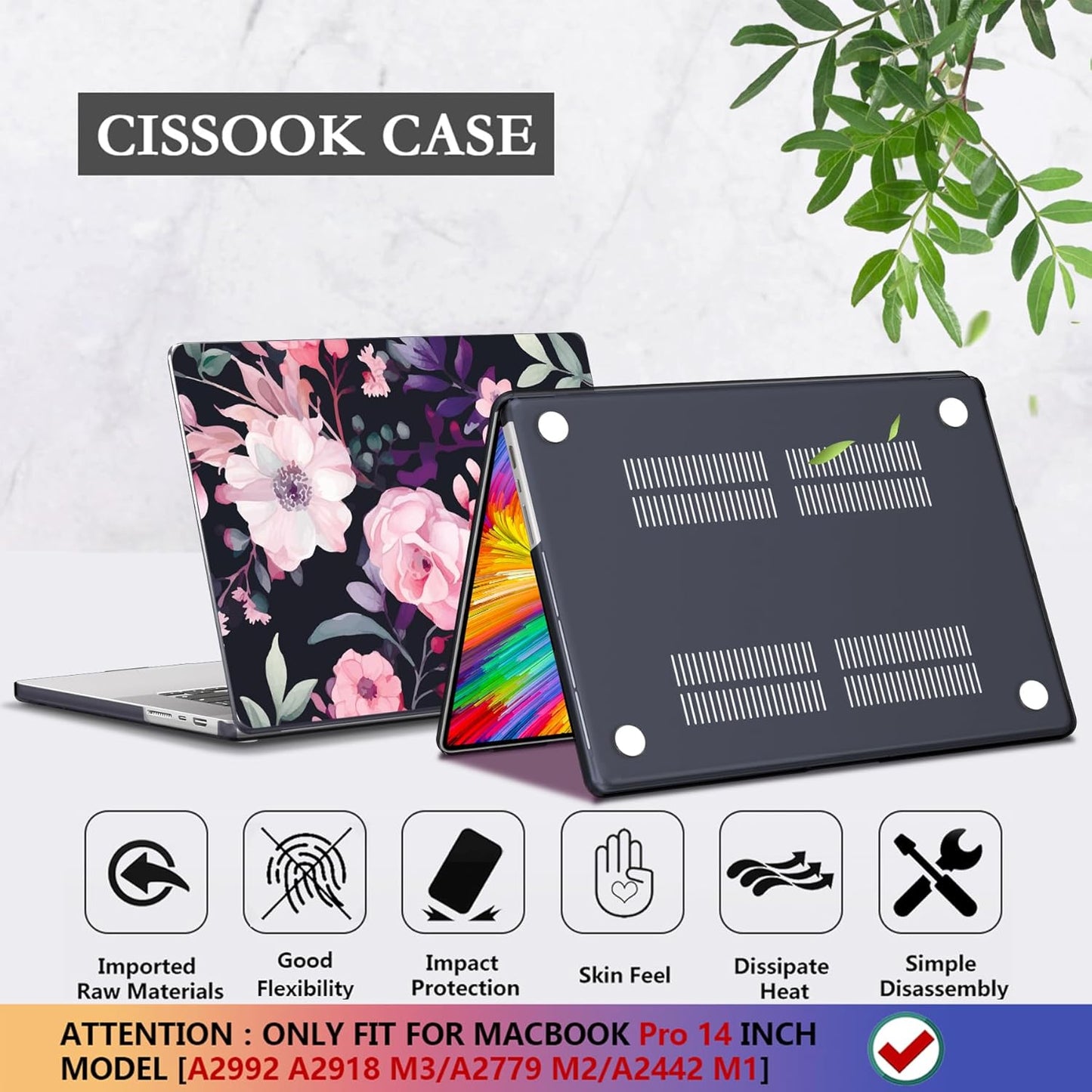 CISSOOK Compatible with MacBook Pro 14 inch Case M4 A3112 A3185 A3401 M3 A2992 A2918 M2 A2779 M1 A2442 Chip 2024 2023 2022 2021 Release, Plastic Hard Shell for MacBook Pro 14.2, Pink Flowers
