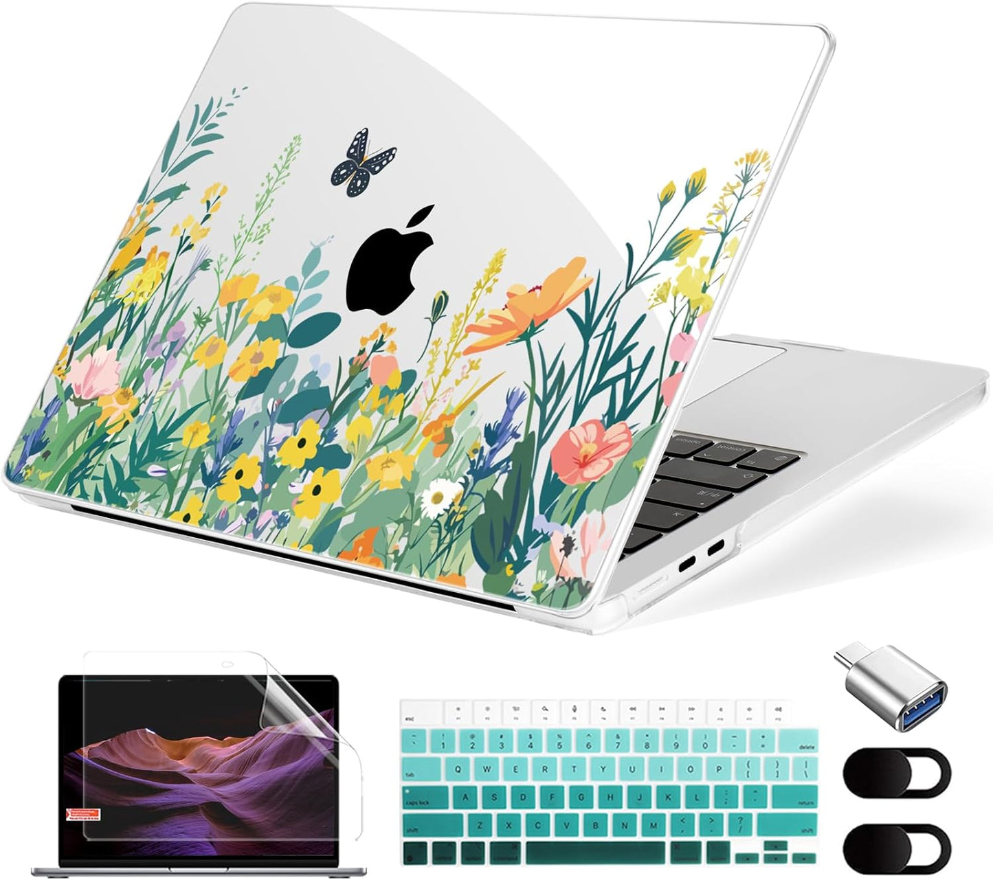 Compatible with MacBook Air 15 inch Case, M4 A3241/M3 A3114/M2 A2941 (Released 2025 to 2023), Hard Shell, Keyboard Cover, Screen Protector, Webcam Cover & Type-C Adapter, Butterfly Flowers