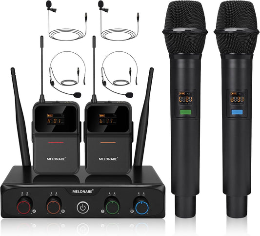 4-Channel Wireless Microphone System,UHF Cordless Mic Set w/ 4x10 Frequencies, 200ft, 2 Handheld Dynamic Mics, 2 Bodypacks & Headset/Lapel Microphones for Singing, Karaoke, DJ (MWM-41-2H2B)