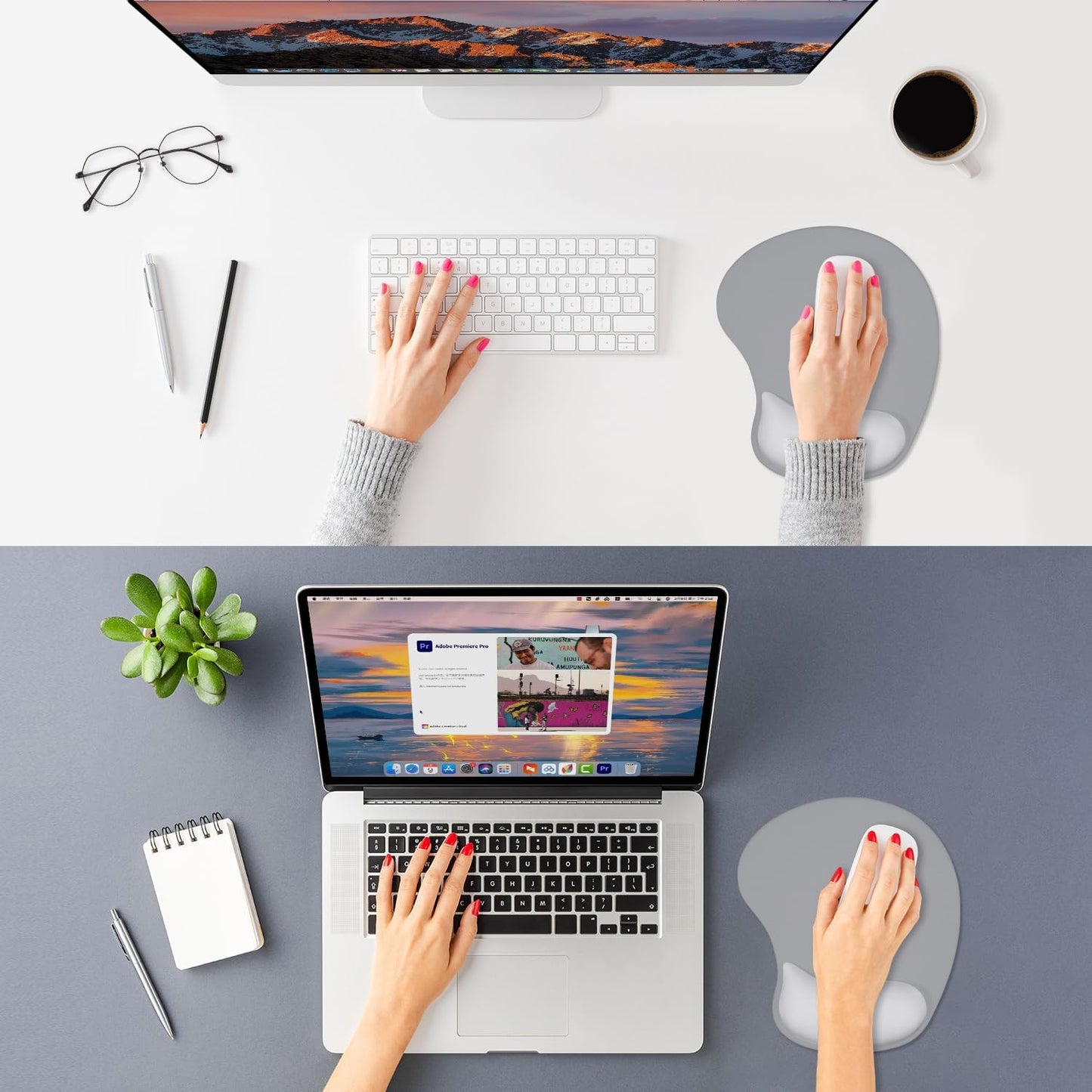 ITNRSIIET Ergonomic Mouse Pad, Cushioned Gel Wrist Rest, Non-Slip Base, Smooth Surface, Compatible with All Mice for Office & Gaming, Desk Accessory, 9.5 x 8.2 inch, Light Gray Accent