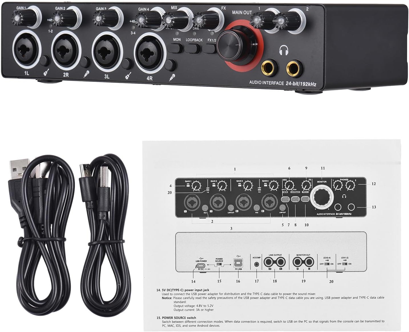 4 Channels Sound Card Computer Audio Interface, 4-in 4-out for Professional Recording of Live Streaming Karaoke, Driver Free USB Audio Interface