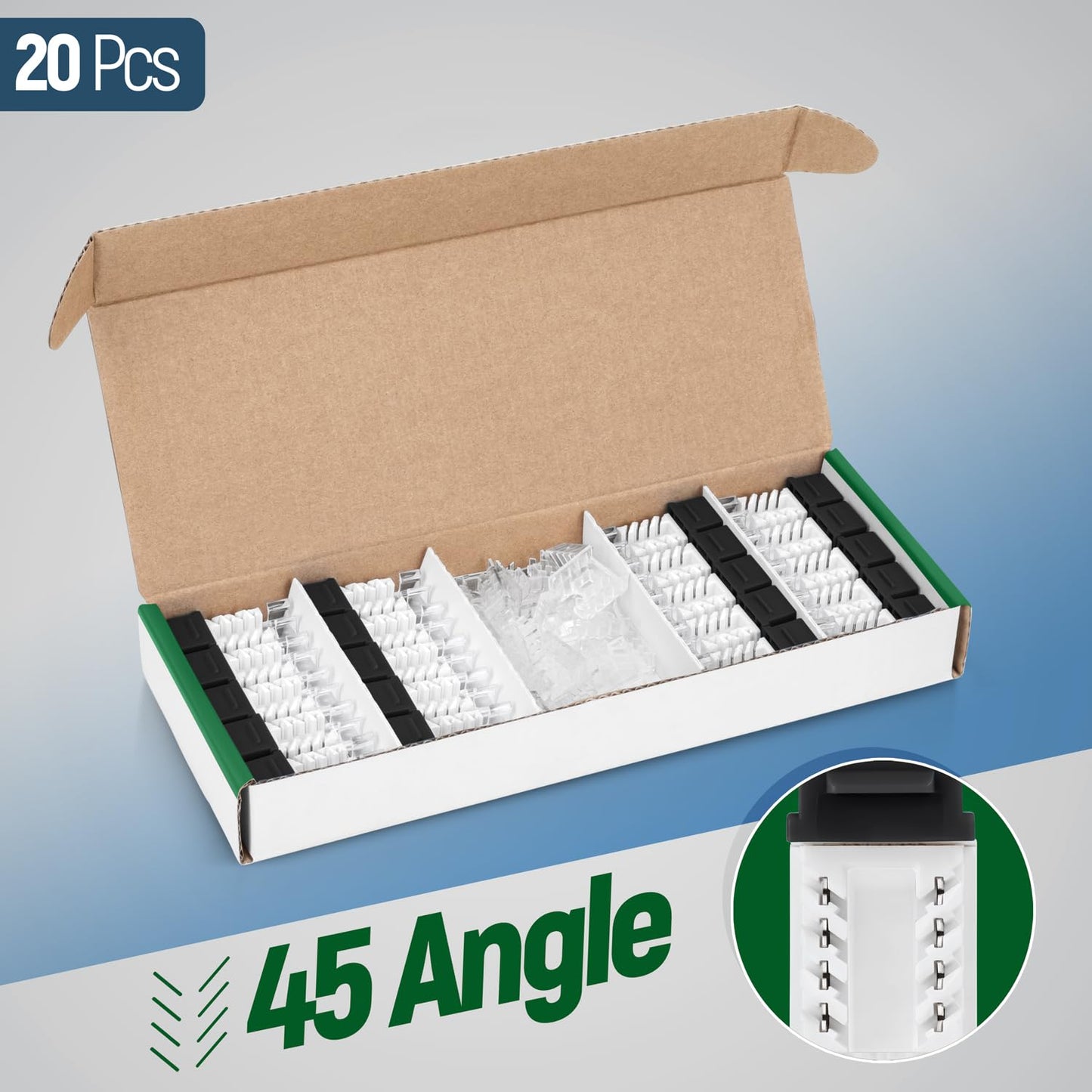 Everest 45° Angled RJ45 Cat6A Keystone Jacks 20-Pack in Black - Slim Profile Female RJ45 Connectors - Cat 6A Keystone Jack - Compatible with 45° Angled Speed Termination Tool - 45Term (B0BL3GS7ZY)