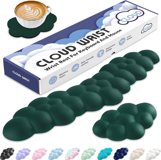 Cloud Wrist Rest for Keyboard and Mouse, Memory Foam PU Leather Keyboard Wrist Rest with Ergonomic Support, Non-Slip Base, Cute Arm Rest Pad & Palm Cushion, Office Desk Accessory, Dark Green