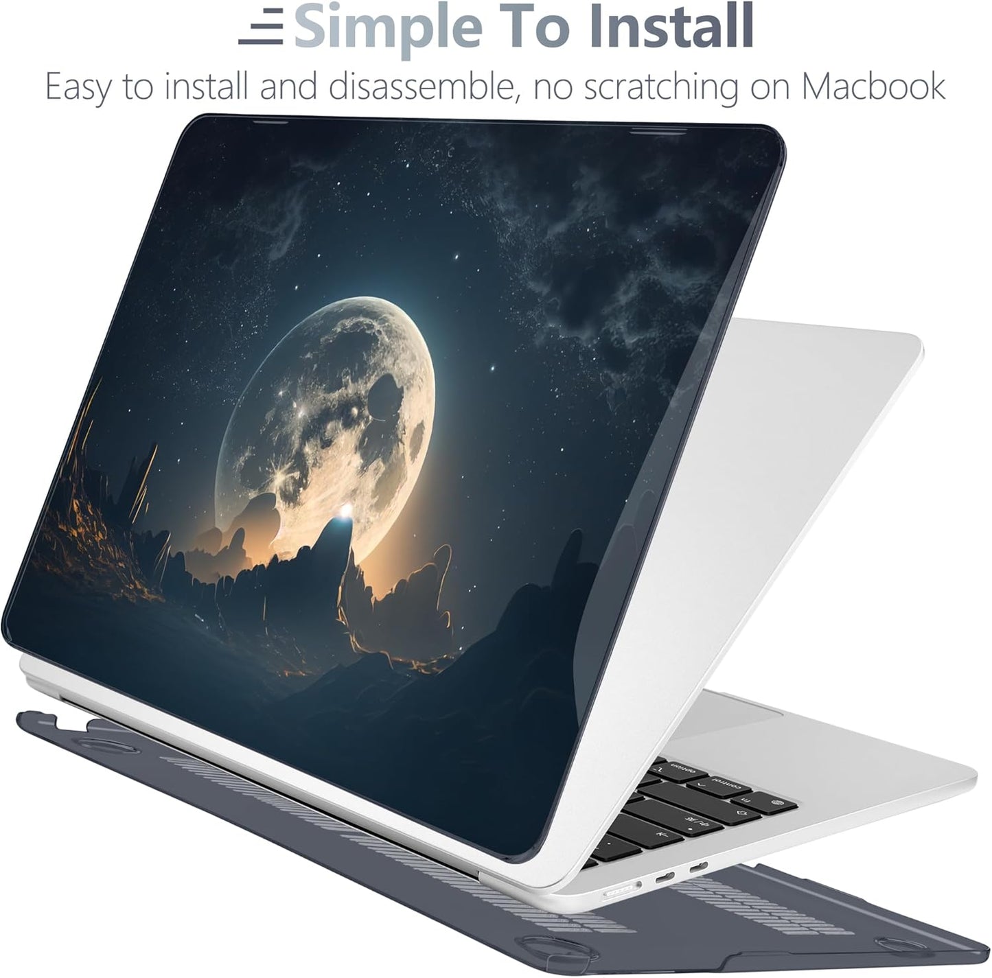 Batianda Premium Case for New MacBook Air 15 inch 2025 2024 2023 with M4 M3 M2 Chip, Designed Black Protective Plastic Hardshell & Keyboard Cover & Screen Protector, Moon in Sky