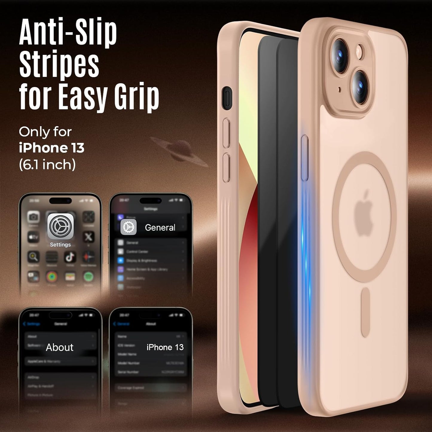 Designed for iPhone 13 Case, Compatible with MagSafe, with Privacy Screen Protectors X2, [Camera Protection] [15FT Military Drop Protection] Shockproof Phone Case, 6.1", Light Brown